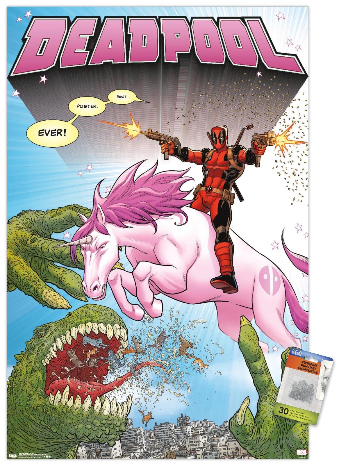 Marvel Deadpool Unicorn Wall Poster with Push Pins - Premium Comic Art Decor for Bedroom, Office & Gifts