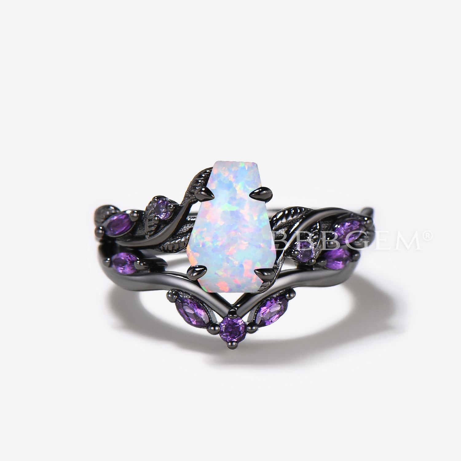 Black Gold Engagement Ring Set with Leaf Branch Design & Coffin Cut White Opal - Perfect for Wedding, Anniversary & Romantic Proposals