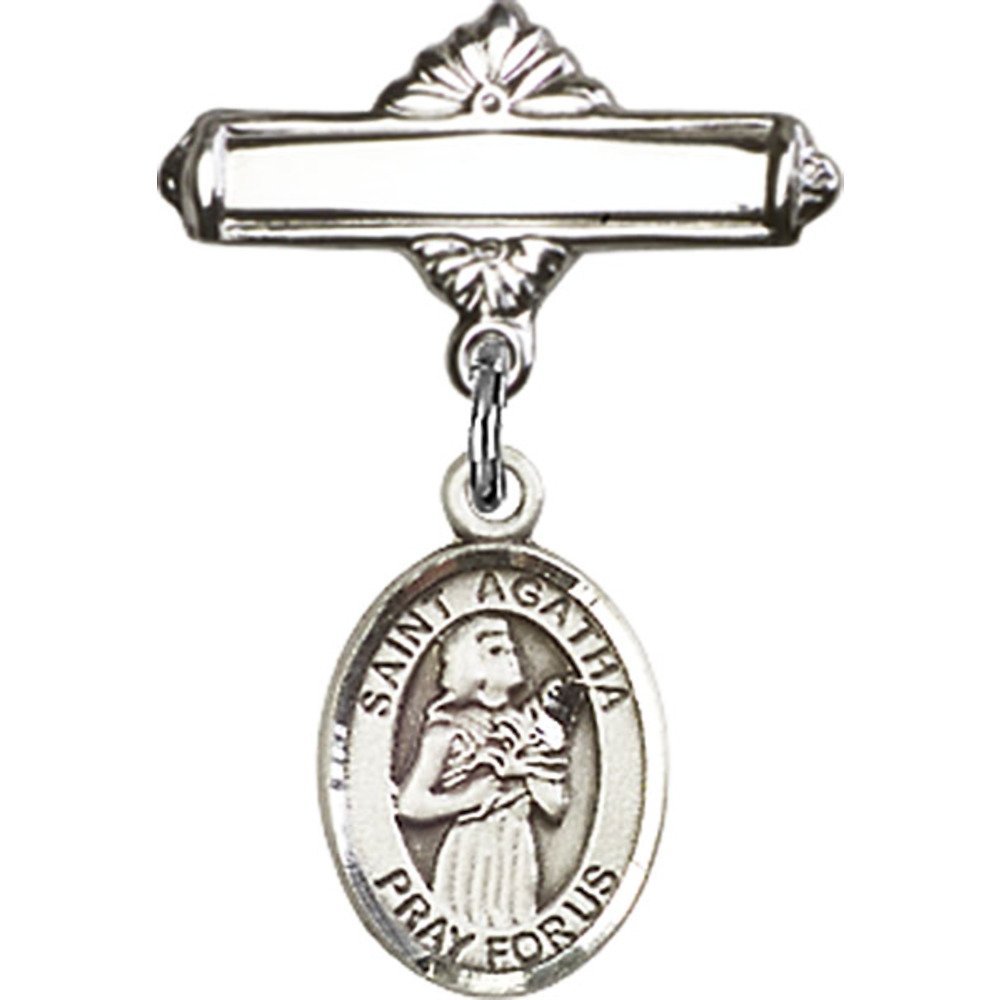 St. Agatha Sterling Silver Baby Badge with Polished Pin - 1 X 5/8 Inch Religious Charm for Christening, Baptism & First Communion Gifts