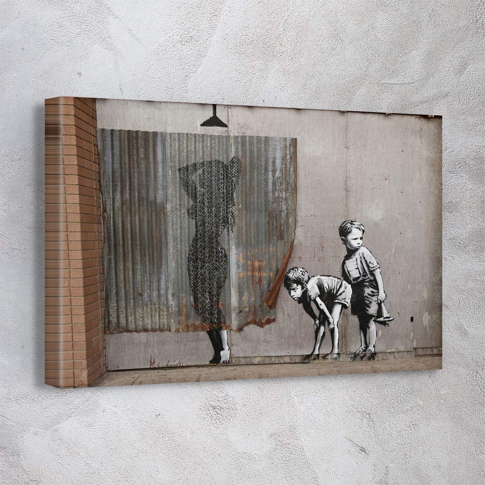 Banksy Canvas Wall Art - 'Lady Shower Peeping Tom Boys' Ready to Hang Gallery Wrapped (45x30 inches) | Made in USA | Modern Street Art Home Decor for Living Room, Bedroom & Office