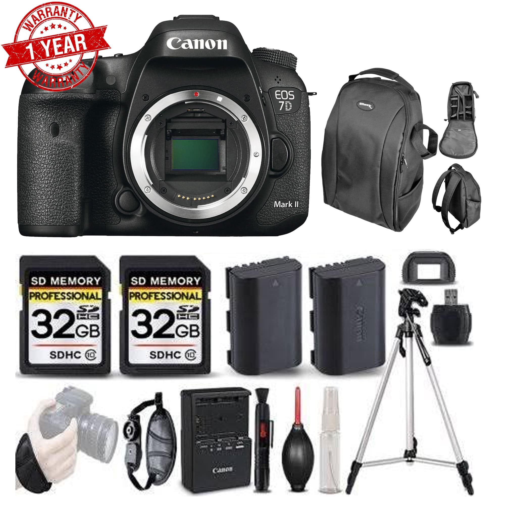 Canon EOS 7D Mark II DSLR Camera Body with Extra Battery & Wrist Grip - 64GB Memory Card Bundle for Professional Photography & Travel Shooting