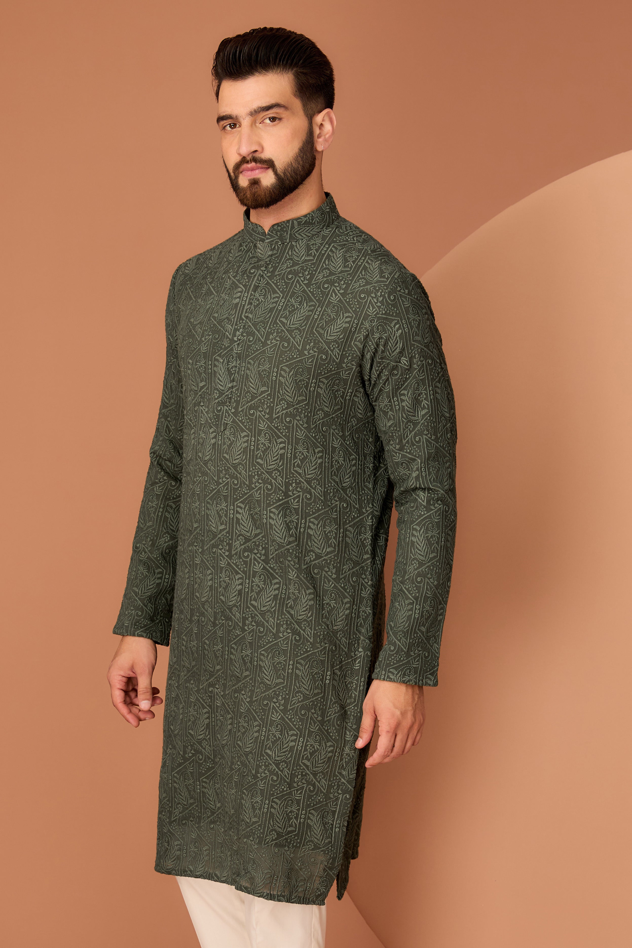 Stylish Military Green Chikankari Kurta with Paisley Embroidery – Perfect for Ethnic Wear, Festivals & Special Occasions