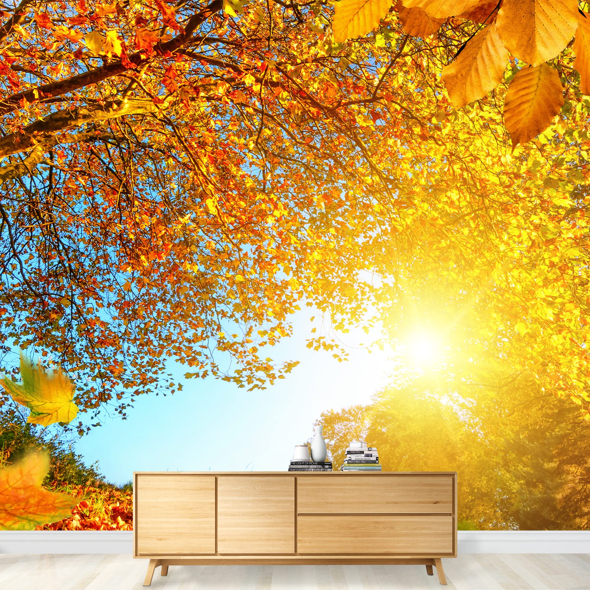 Golden Autumn Scenery Wall Mural - Self-Adhesive Removable Wallpaper with Tree, Falling Leaves, Blue Sky & Sun (100x144 inches) - Perfect for Living Room, Bedroom & Office Decor