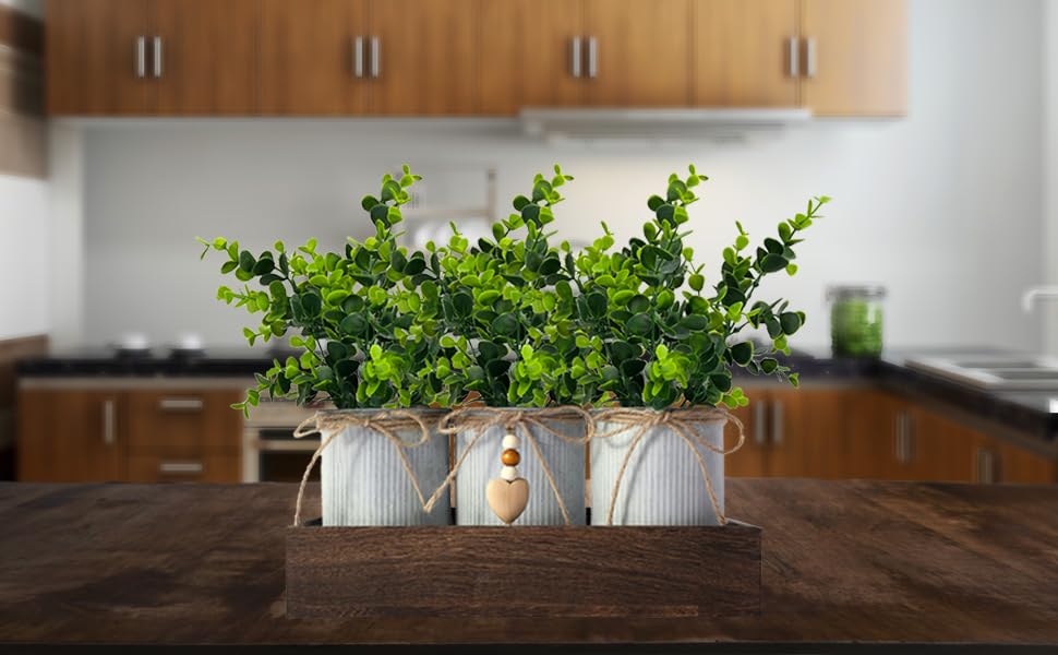 Frosty Green Eucalyptus Artificial Flower Arrangement with 3 Rustic Metal Pots & Wood Tray - Farmhouse Table Centerpiece for Wedding, Dining Room, and Home Décor