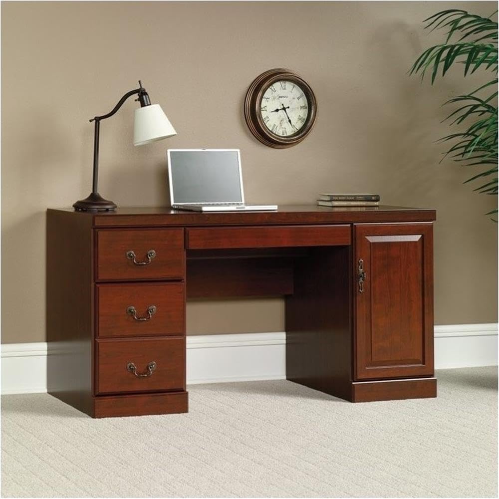 Pemberly Row Traditional Wood Computer Desk Credenza in Classic Cherry - Home Office Furniture for Work & Study, Perfect for Desktops, Laptops & Storage