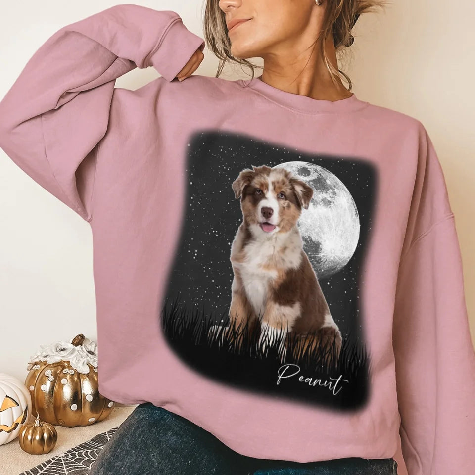 Custom Vintage Full Moon Pet Photo Sweatshirt - Personalized Dog Cat Lover Gift - Cozy Pullover for Family Matching Outfits, Couple Wear & Pet Memorial