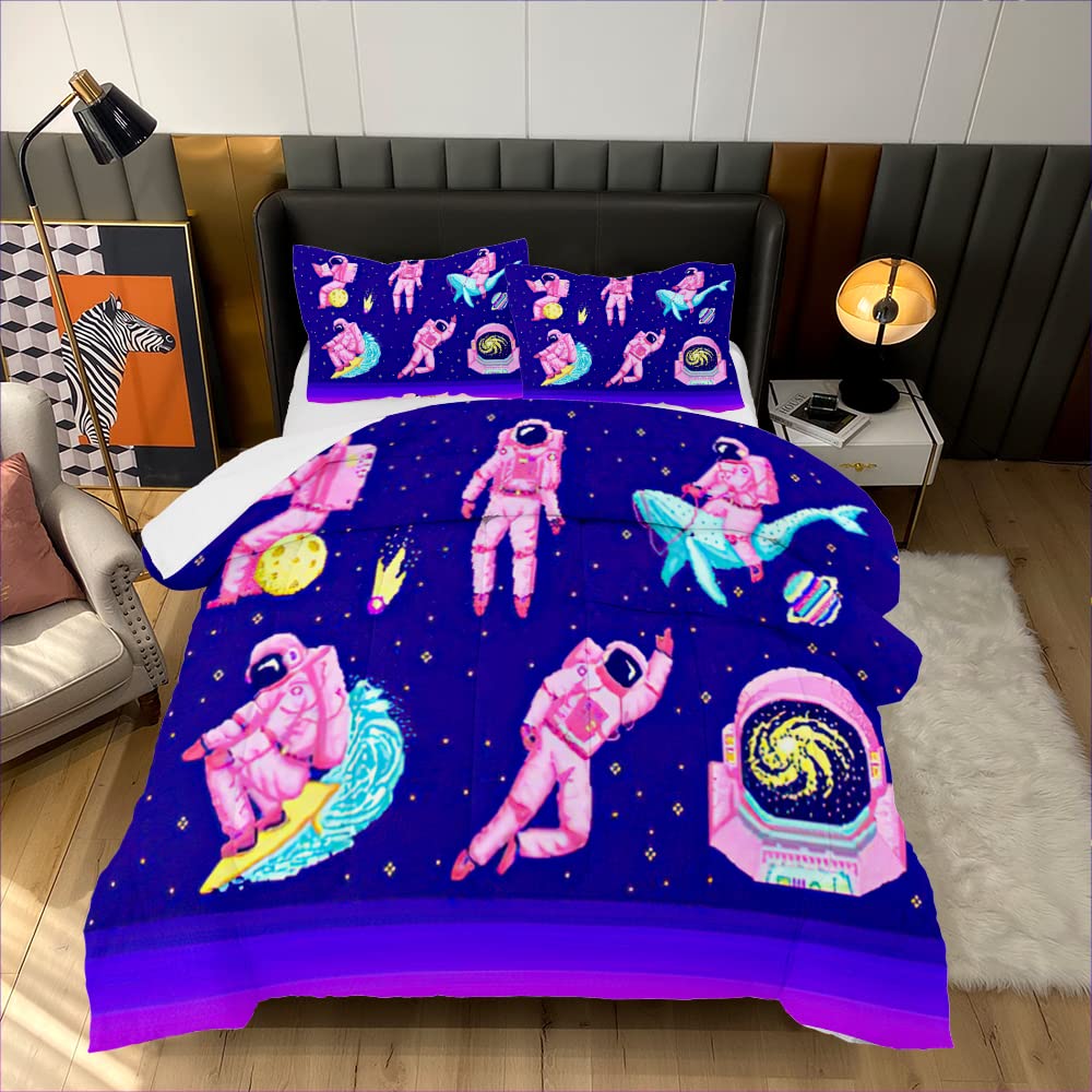 TiuZelf Cartoon Astronaut Twin Size Comforter Set - Spaceman Whale Moon Wave Design, 3-Piece Cotton Bedding (1 Comforter + 2 Pillowcases) - Lightweight, Warm & Soft for All Seasons - Perfect for Kids' Rooms, Space Themed Bedrooms & Gift Giving