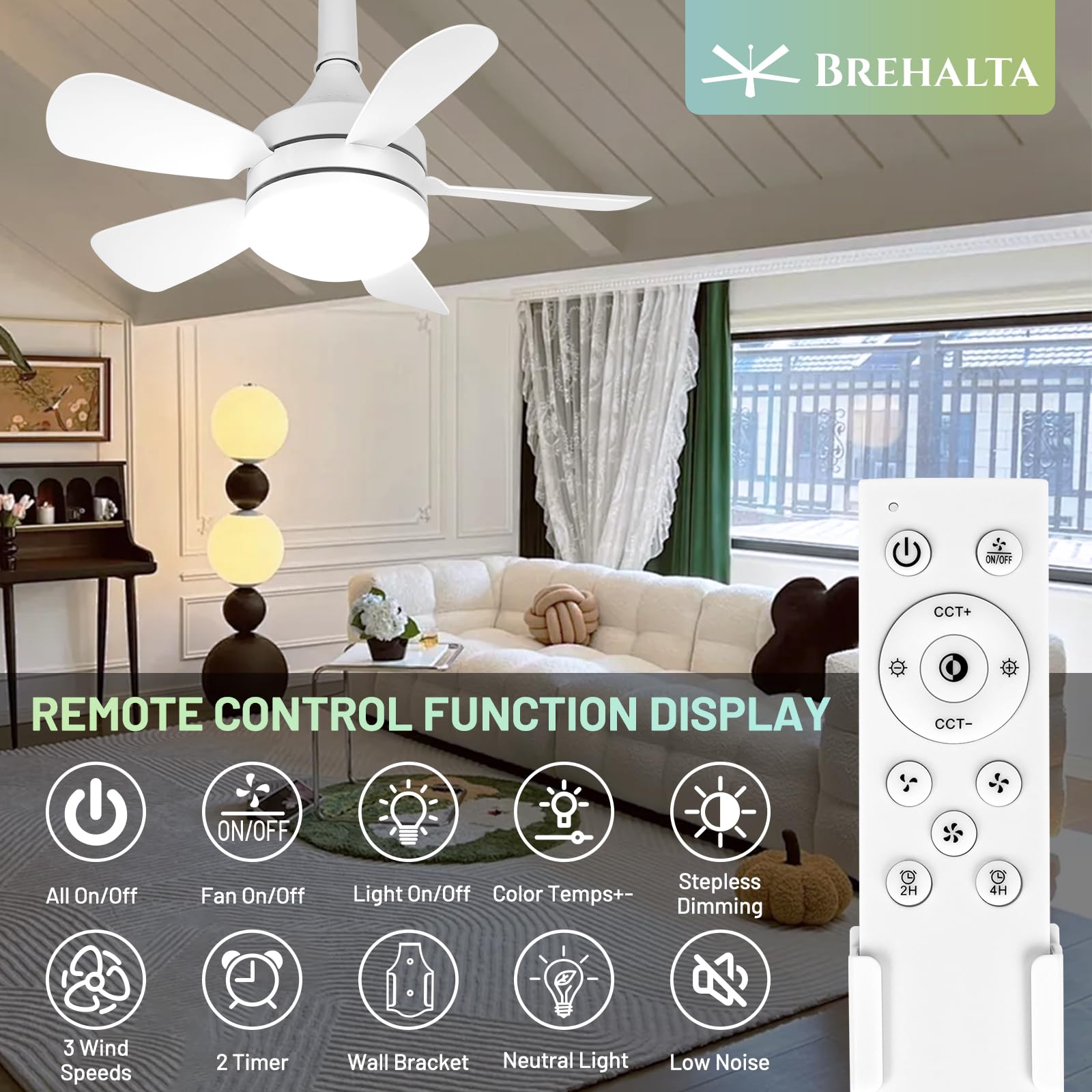 Remote Control Ceiling Fan with LED Light - 3 Color Temperatures (3000K-6500K), 3 Speed Settings, 2000LM Dimmable Bulb, Screw-In Socket Fan for Bedroom, Living Room, Kitchen & Garage - Perfect for Home Cooling and Ambient Lighting