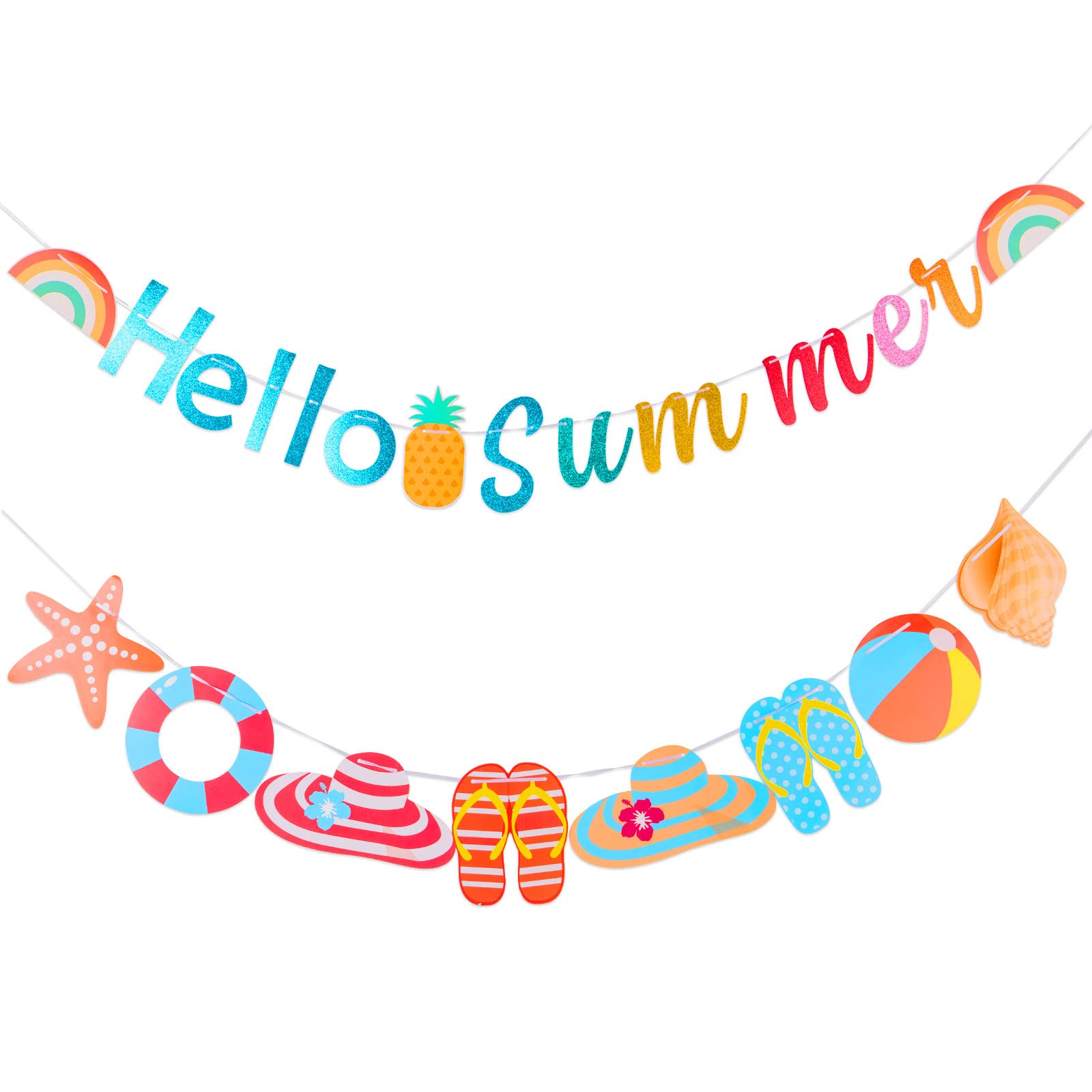 Colorful Summer Pool Party Banner - Glitter Beach Pattern Bunting Garland with Rainbow Sign for Indoor & Outdoor Decor | Perfect for Summer Birthday, Beach Party, Mantle & Fireplace Decorations