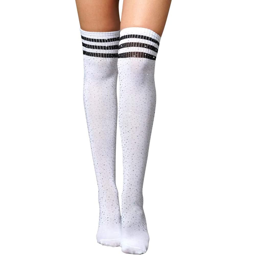 Sexy Sparkle Rhinestone Over Knee Socks - Party & Casual Wear (White+Black Stripe)