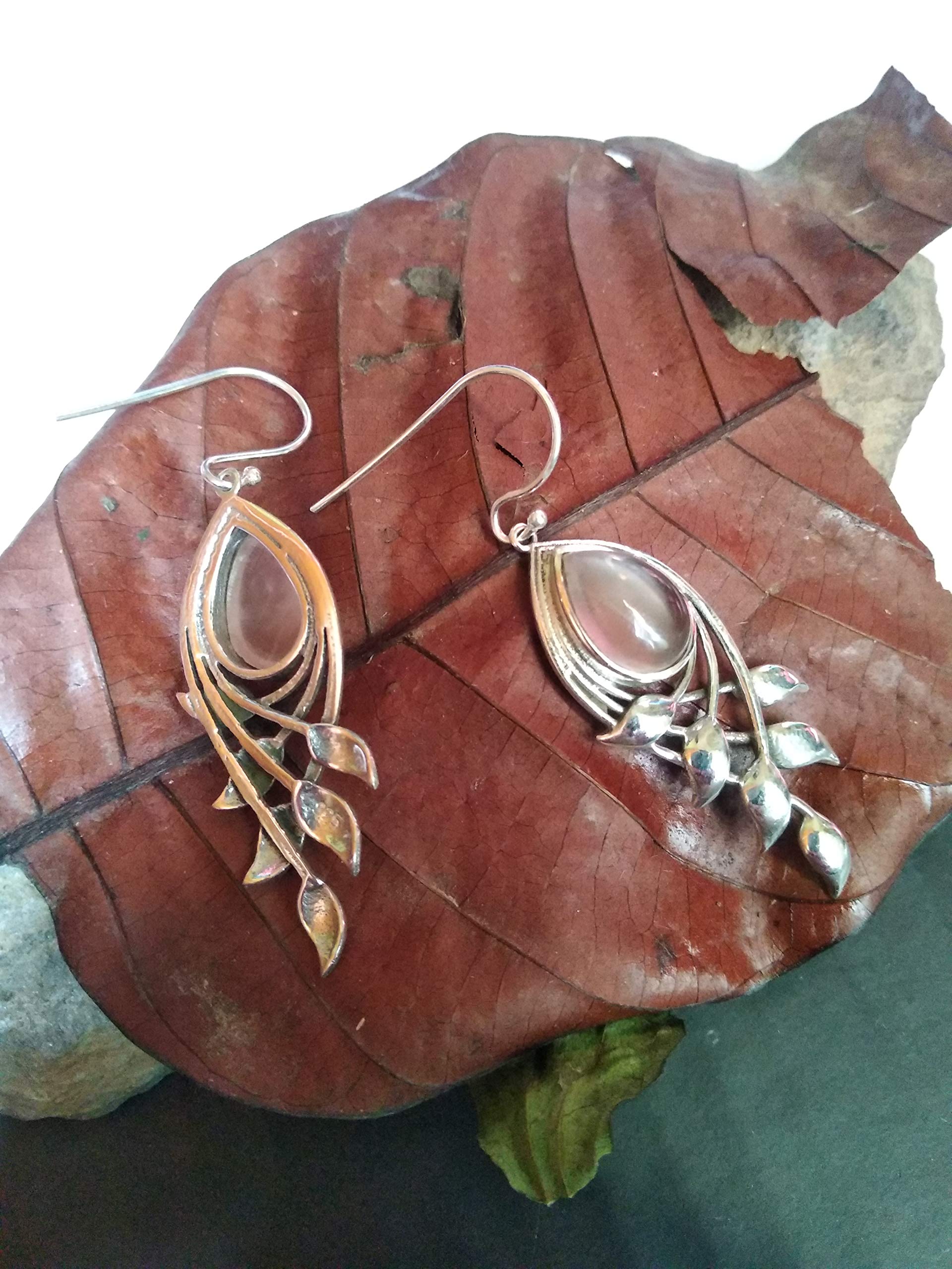 Rose Quartz Earrings for Women - 925 Sterling Silver Teardrop Leaf Shape Bridal Jewelry - Genuine Pink Gemstone Earrings - Perfect Gift for Her, Birthday, Anniversary, Wedding & Special Occasions