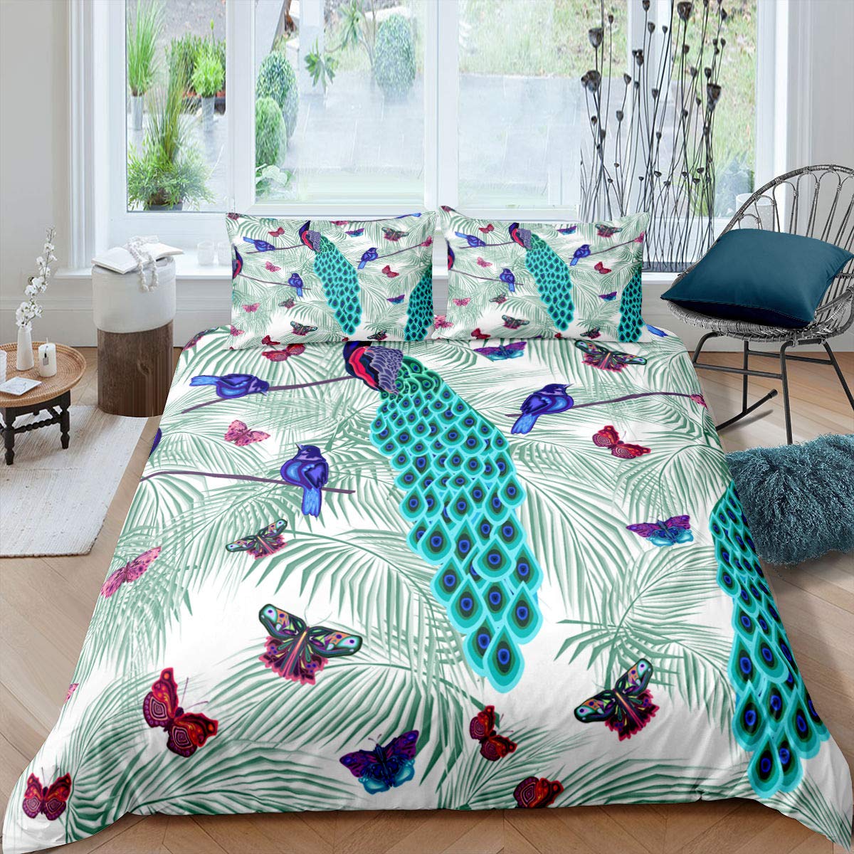Erosebridal Peacock & Palm Leaf Duvet Cover Set - Twin Size 2-Piece Bedding with Zipper Closure, Butterfly & Bird Branch Design - Perfect for Boho Bedroom Decor & Guest Room Makeover