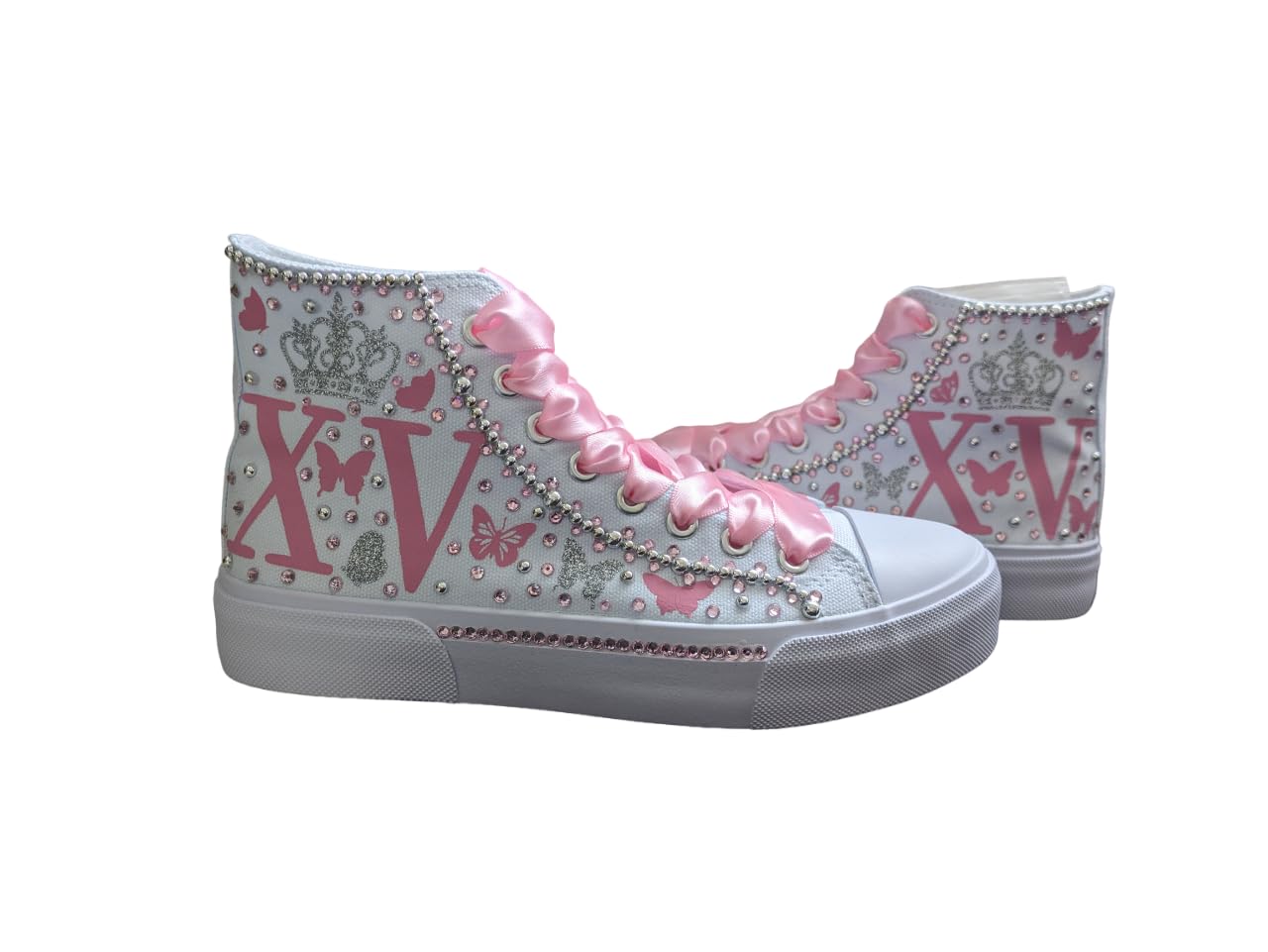 Custom Quinceañera Sneakers for 15th Birthday - High Top Blue Canvas Shoes with Butterfly Print - Perfect for Sweet 15 Parties, Photo Shoots & Special Celebrations