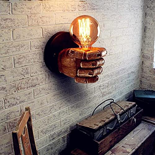 Vintage Wooden Wall Sconce with Handheld Fist Design - E27 Socket Indoor Wall Lamp for Bedroom, Living Room & Hallway - Retro Vanity Lighting Fixture for Home Decor
