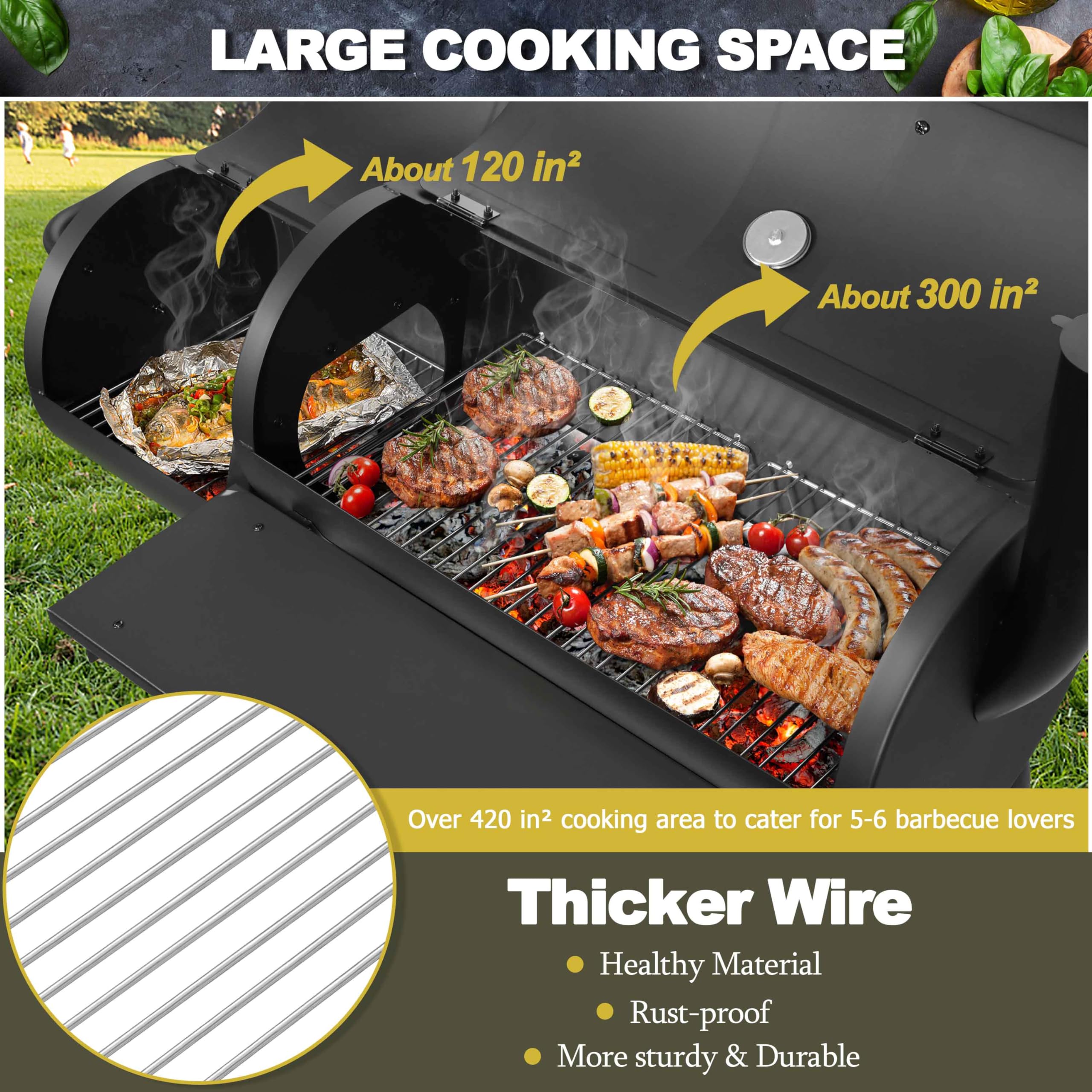 Joyfair Charcoal Grill with Offset Smoker - Heavy Duty Steel Camping BBQ Grill with Side Fire Box, Dual Chamber Design, Built-in Thermometer & Chimney - Perfect for Outdoor Backyard Parties, Tailgating & Camping Trips