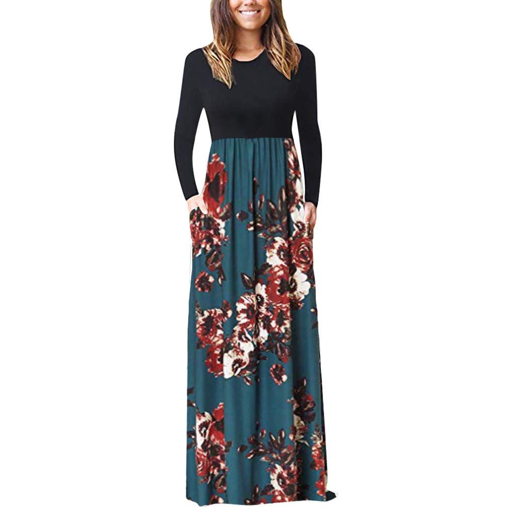 Diomor Women's Casual Long Bohemian Maxi Dress - Elegant Floral Pleated Shirt Dress for Summer Beach, Party & Vacation | Floor Length Flowy Dress for Women