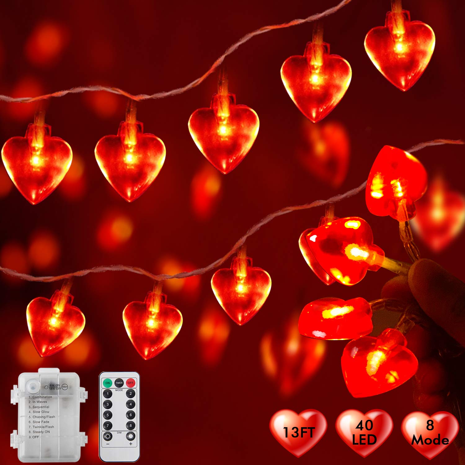 40 LED Heart Shaped Fairy Lights - 14FT Battery Operated Waterproof Outdoor String Lights with Remote & Timer - Perfect for Wedding, Bedroom, Valentine's Day Decor - Romantic Gift for Mom, Women, Her - Indoor & Outdoor Use for Parties, Gardens, Home Decoration