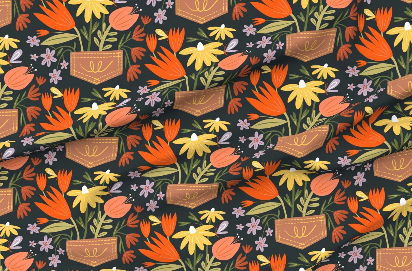 Pockets Flowers Gardening Springtime Blooms Printed on Denim Fabric by The Yard - Premium Spoonflower Fabric for Apparel, Home Decor & Upholstery | Perfect for DIY Sewing, Quilting, and Spring Fashion Projects