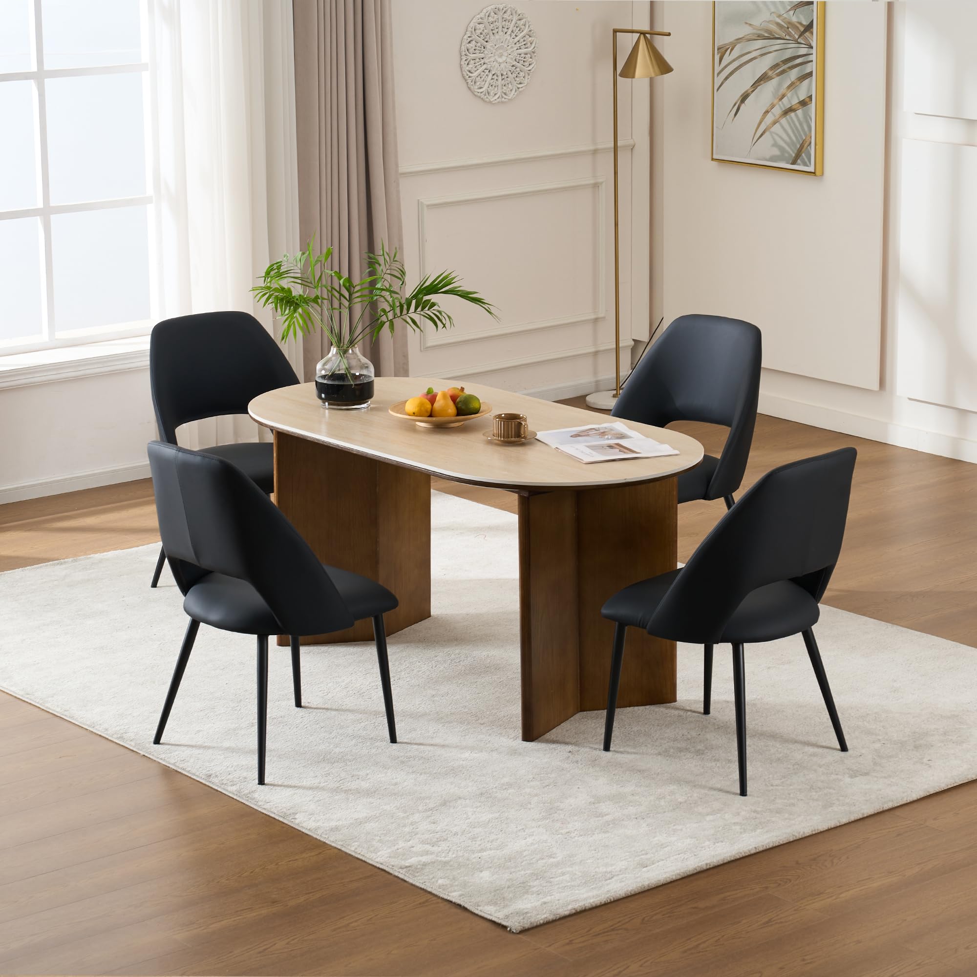 Rowill Mid Century Modern Dining Chairs Set of 2 - Black Faux Leather Upholstered Kitchen Chairs with Metal Legs for Dining Room, Living Room & Bedroom - Perfect for Small Spaces & Modern Home Decor