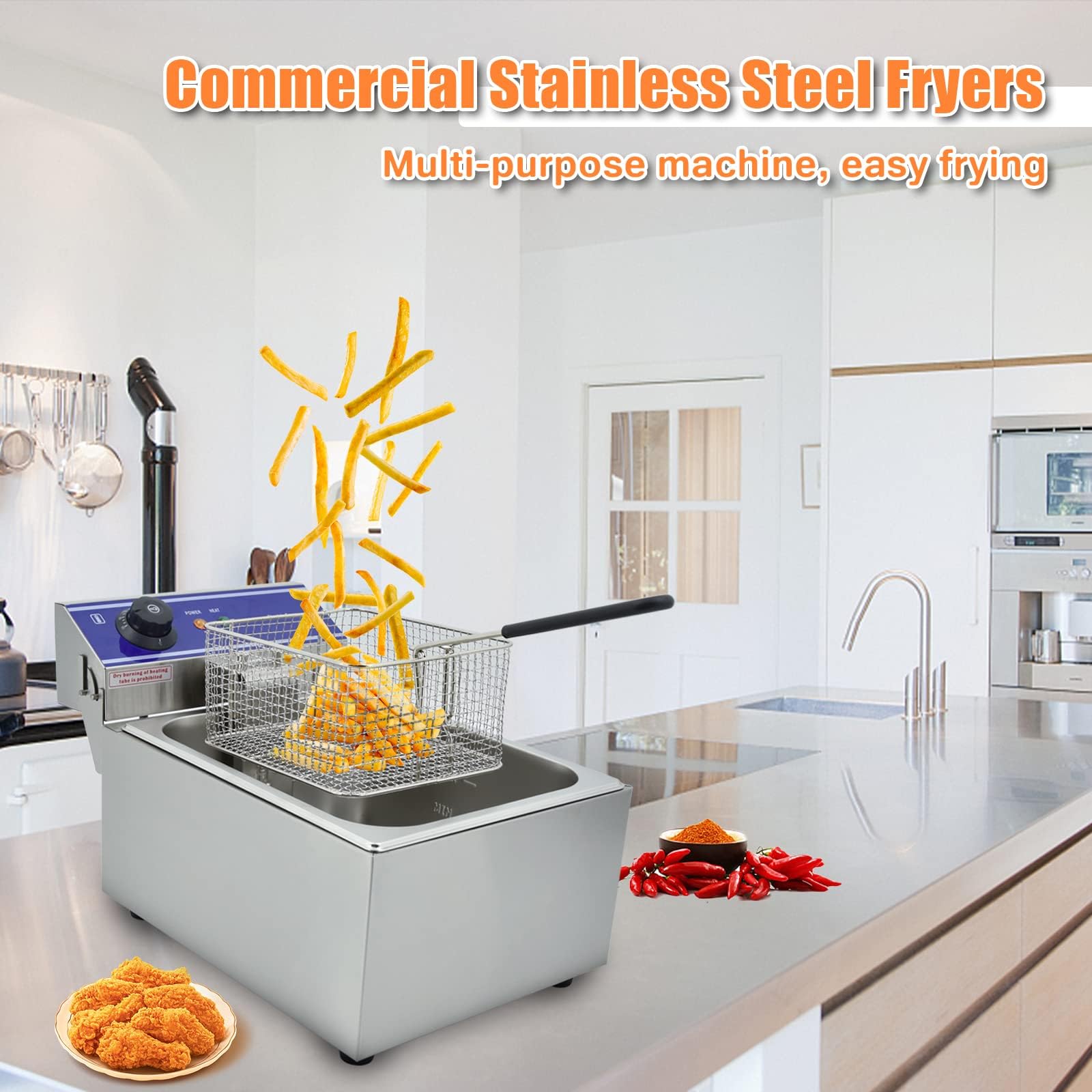 Commercial Electric Deep Fryer with Temperature Control - Stainless Steel Countertop Single Tank for French Fries, Chicken Wings - Perfect for Home Kitchen & Restaurant Use