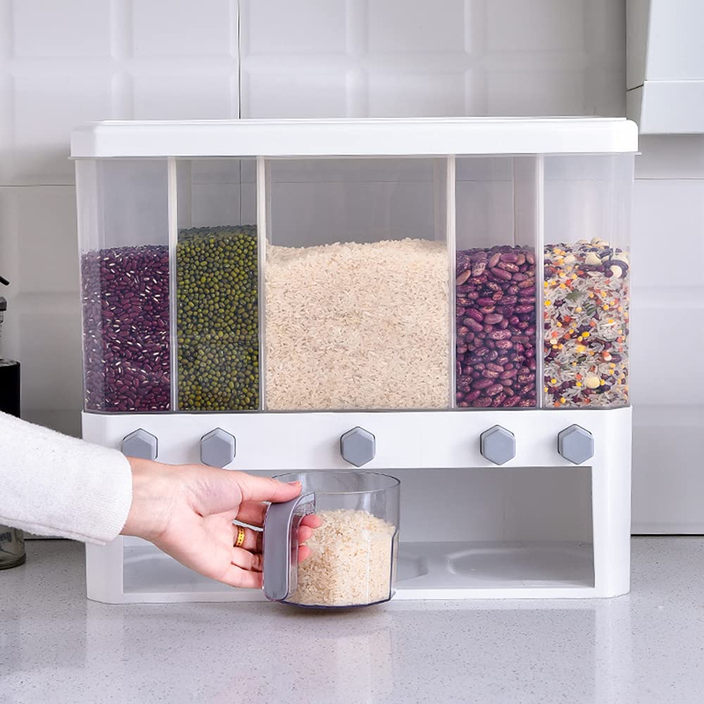 Clear Plastic 5-Grid Cereal Dispenser with Lid - Dry Food Storage Container for Rice, Cereal, Pasta - Perfect for Kitchen Pantry Organization (White)