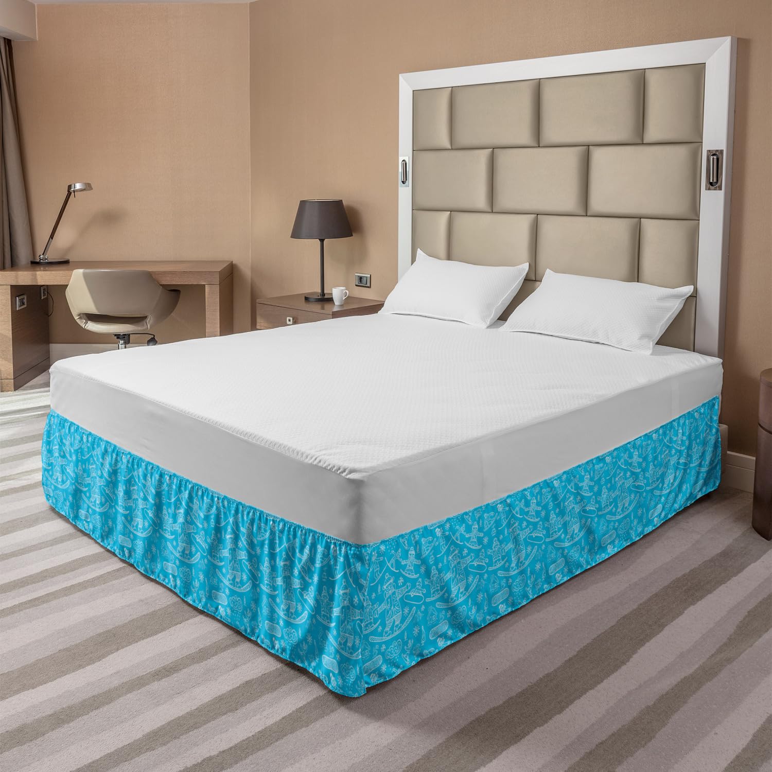 Ambesonne Ski Pattern Bed Skirt - Snowboarder & Snowflakes Design on Blue Backdrop - Elastic Wrap Around Gathered Bedroom Decor - Queen Size Sky Blue & White - Perfect for Winter Themed Bedrooms & Ski Lodge Decor