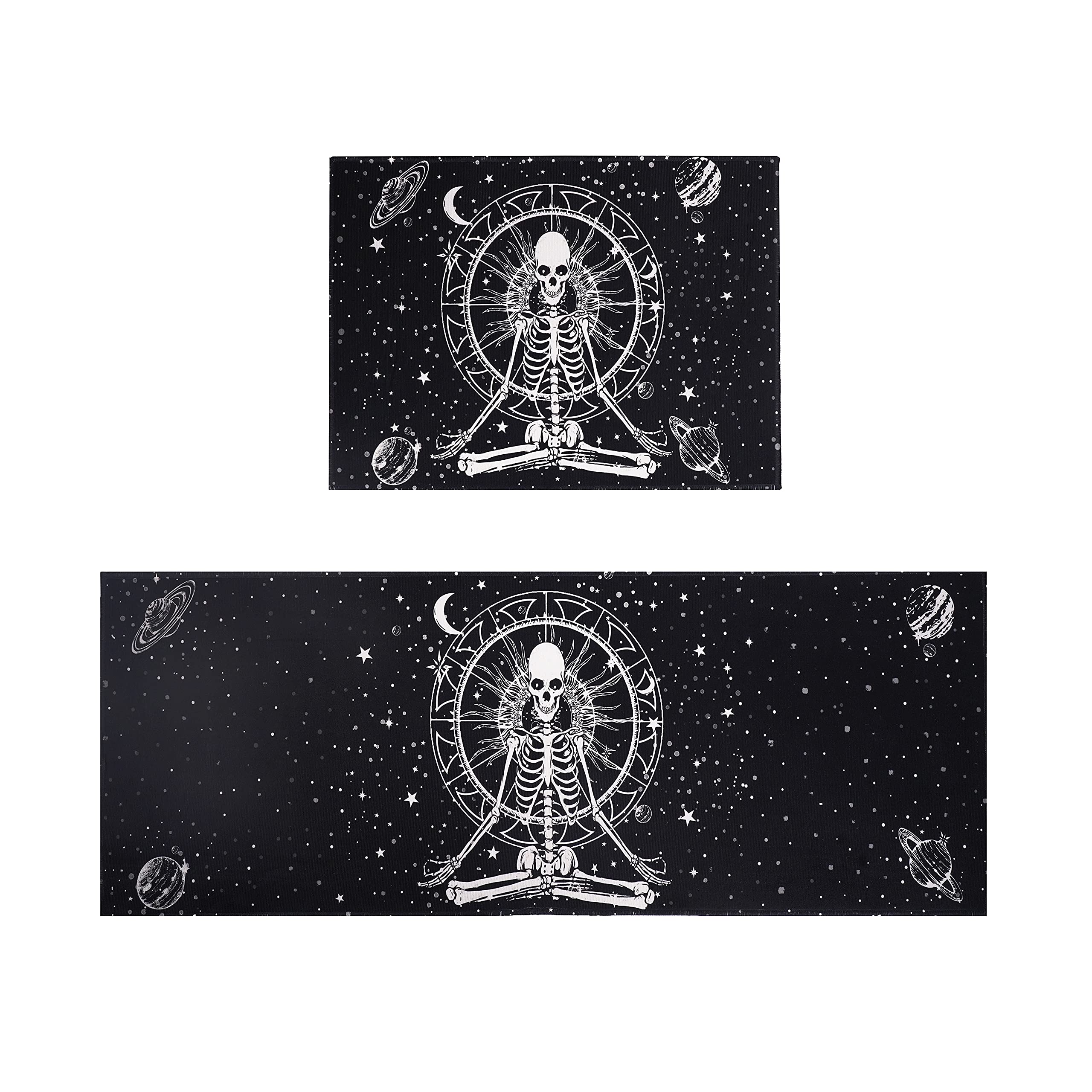Starry Skull Kitchen Mat Set - Halloween Goth Rug for Kitchen, Laundry & Entry