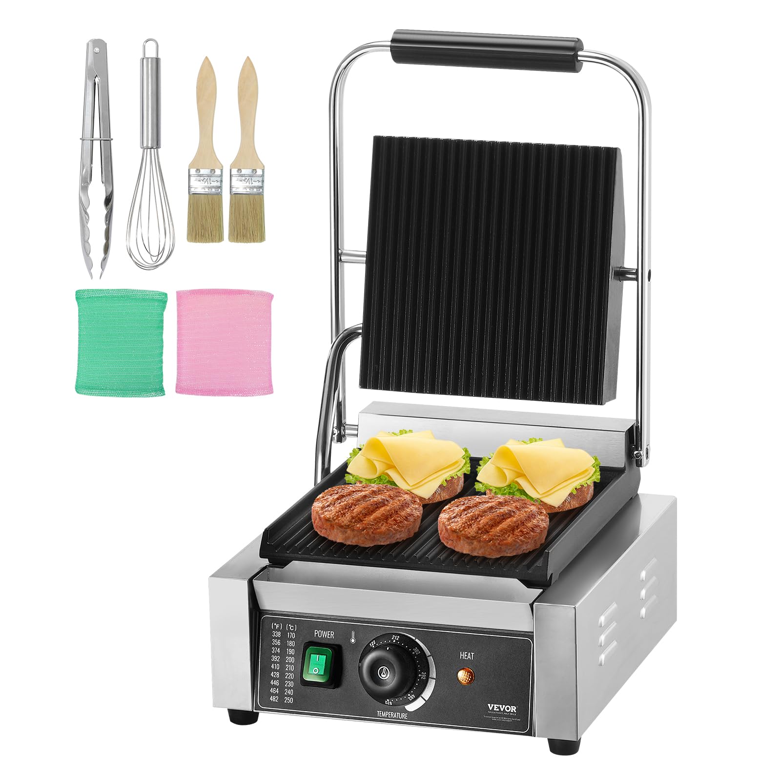 VEVOR 1800W Commercial Panini Grill Press - Electric Sandwich Maker with Stainless Steel Body, Temperature Control & 9