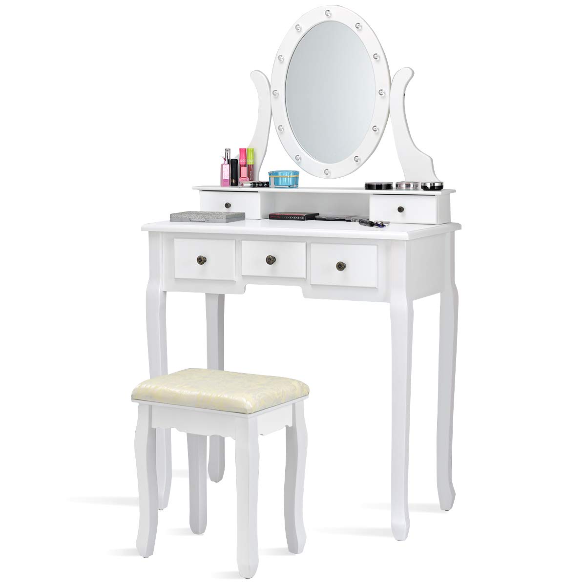 GOFLAME 360° Rotating Oval Makeup Mirror Vanity Set with LED Lights - Dressing Table & Cushioned Stool, 5 Sliding Drawers, Detachable Top - Perfect for Bedroom, Dressing Room, Home Salon (White)