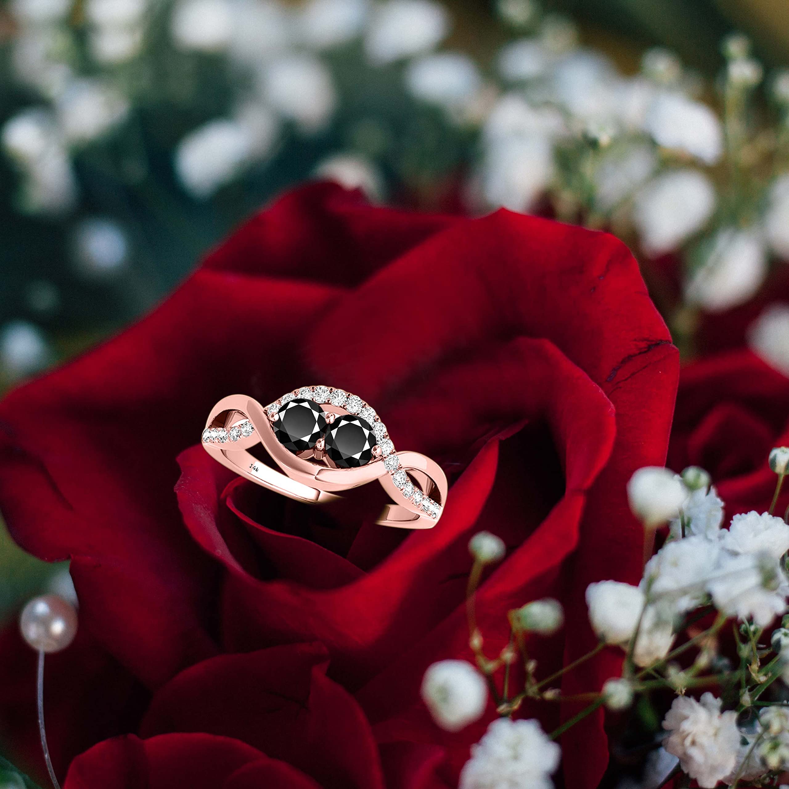 1.25 Carat Two Stone Black & White Diamond Engagement Ring in 14K Solid Rose, White & Yellow Gold - Perfect for Proposals, Anniversaries & Special Occasions