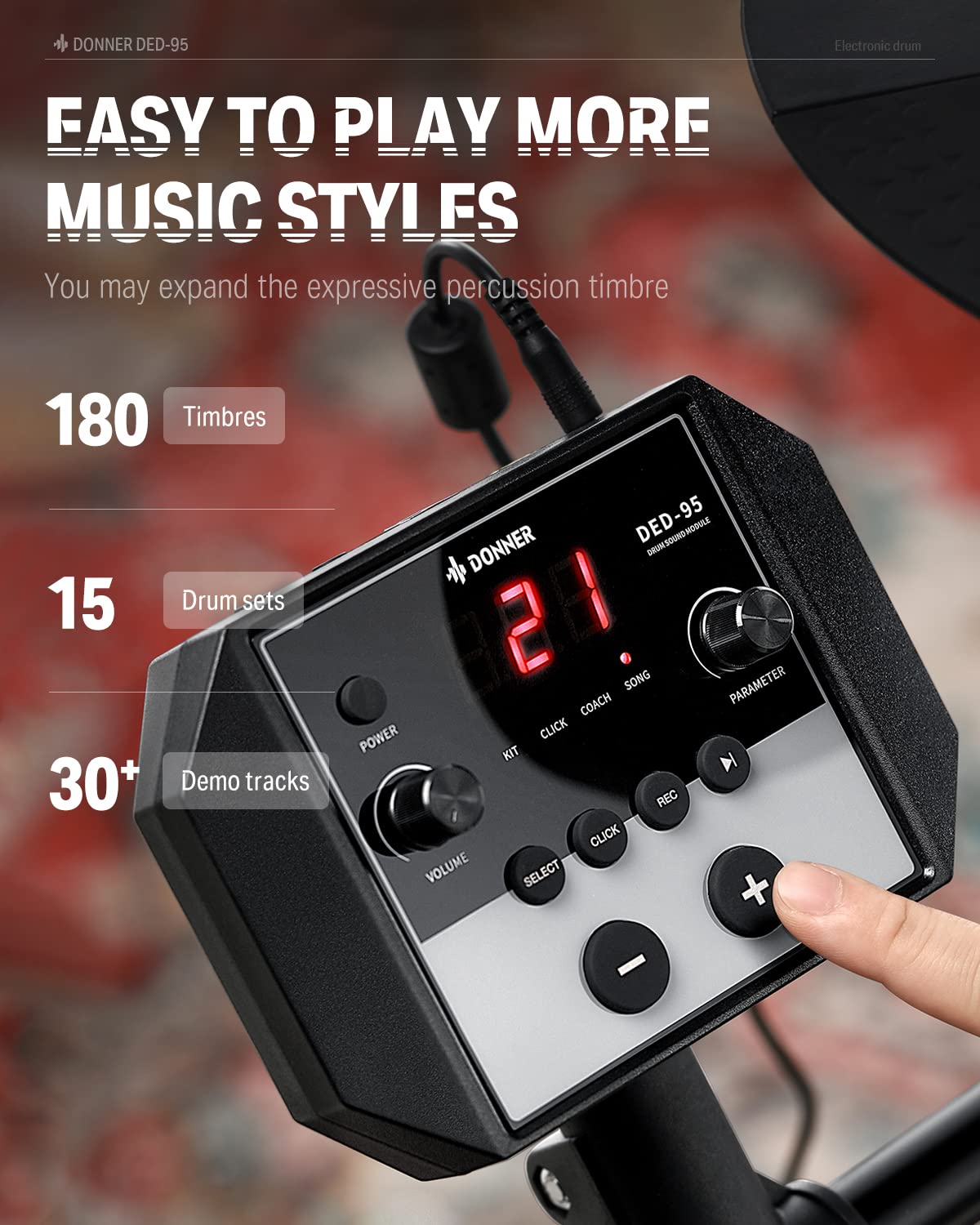 Donner DED-95 Electronic Drum Set for Beginners - 180 Sounds, Quiet Mesh Pads, Kick Drum, Drum Throne, Sticks & Headphones Included - Perfect for Home Practice, Studio Recording & Music Learning with 40 Free Melodics Lessons (Black)