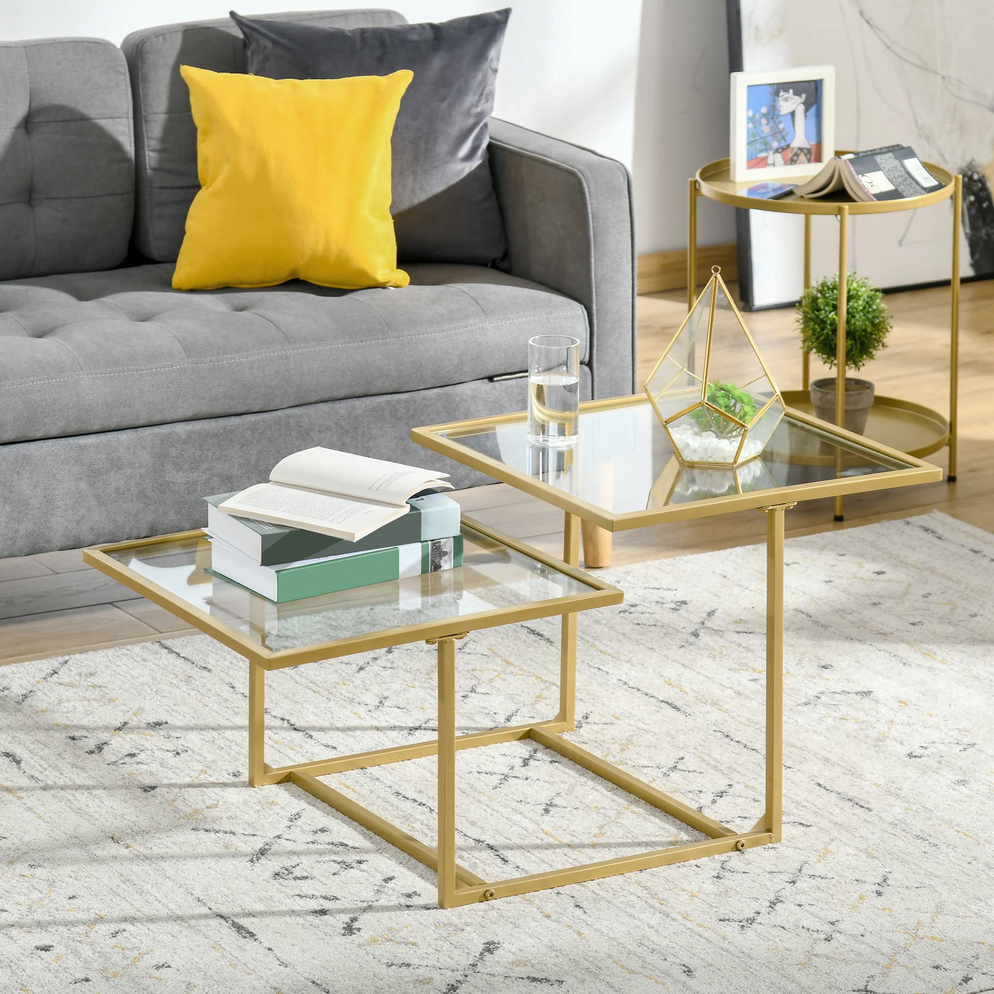HOMCOM Modern Gold Tempered Glass Coffee Table with 2 Square Tabletops - Stylish Living Room & Bedroom Furniture for Home Decor | Perfect for Small Spaces & Entertaining Guests