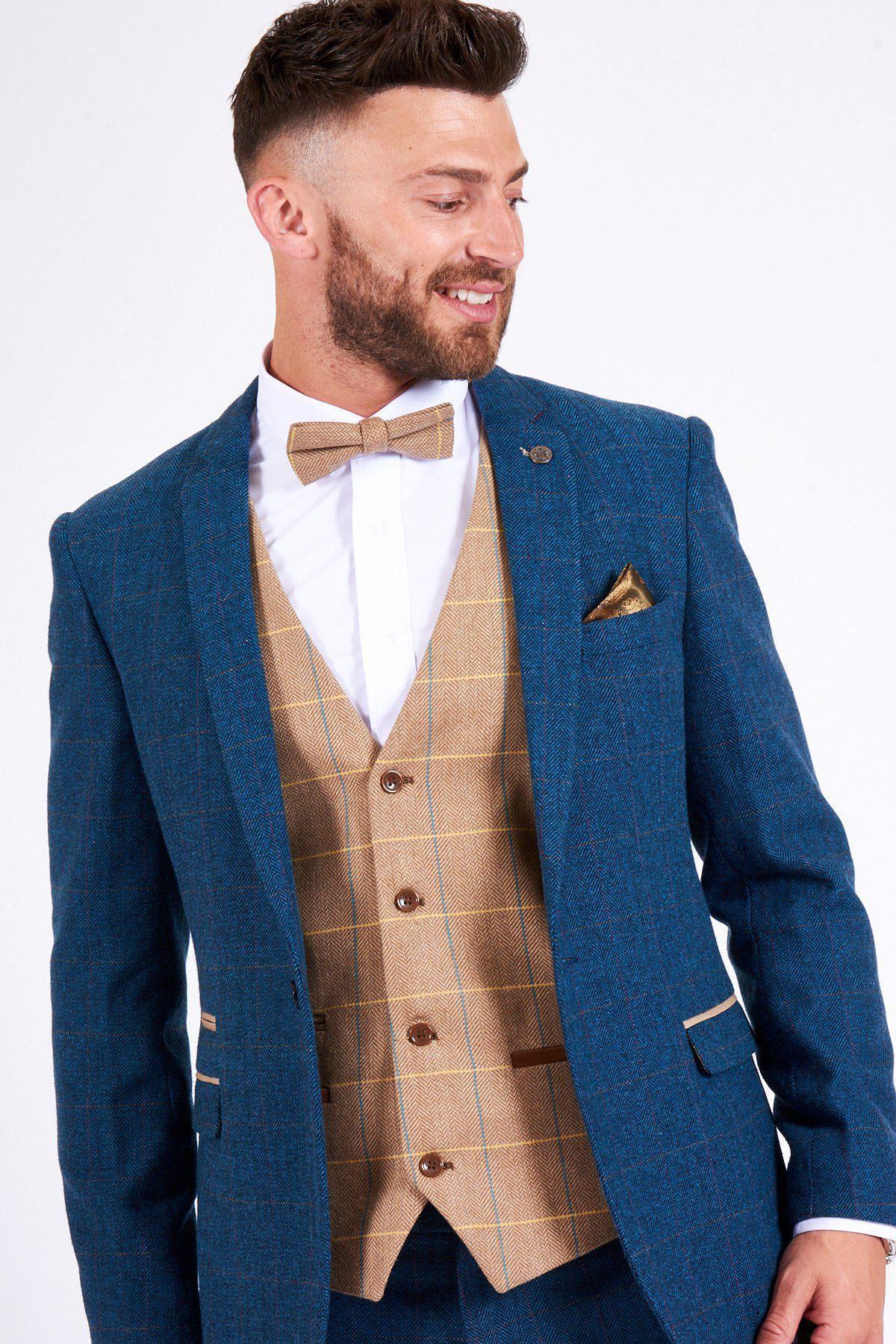 Stylish Blue Tweed Check Suit with DX7 Oak Waistcoat - Perfect for Business Meetings, Weddings & Formal Events