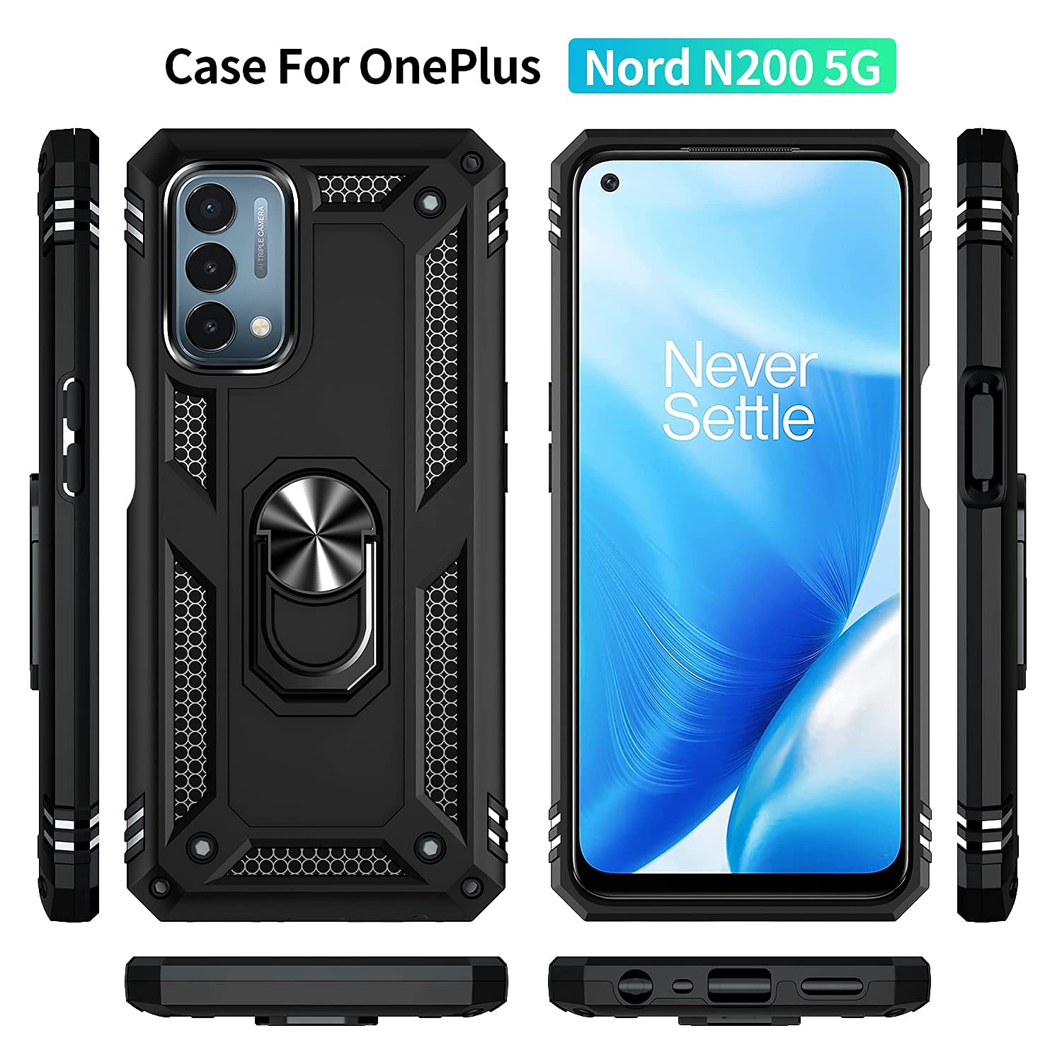 Military Grade Drop Impact Case for OnePlus Nord N200 5G - Heavy Duty Shockproof Phone Cover with 360° Metal Rotating Ring & Kickstand Holder - Perfect for Outdoor Activities, Work & Travel (Black)