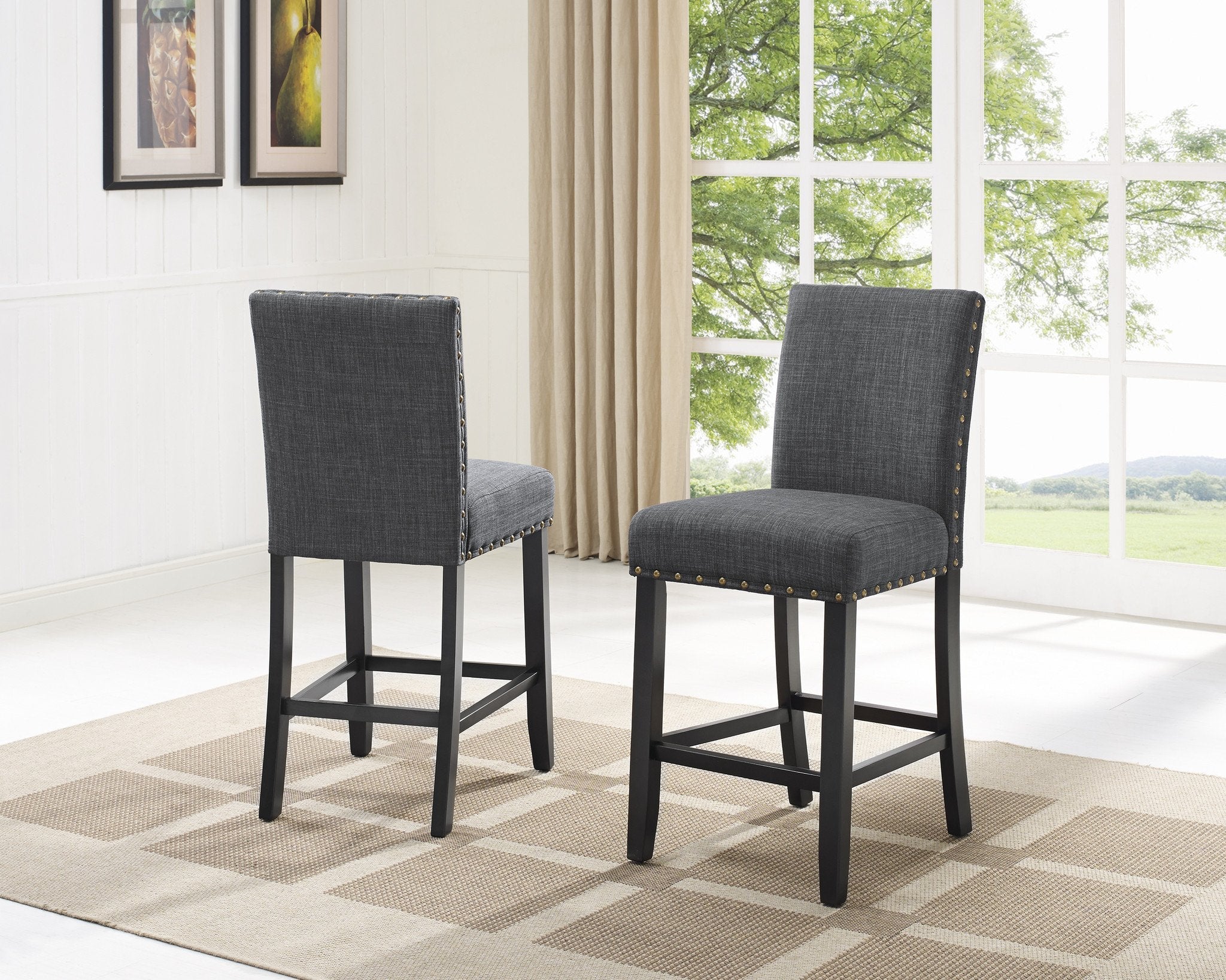 Roundhill Furniture Biony Fabric Counter Height Bar Stools with Nailhead Trim - Set of 2, Gray - Modern Kitchen Island & Breakfast Bar Seating for Home & Restaurant Use