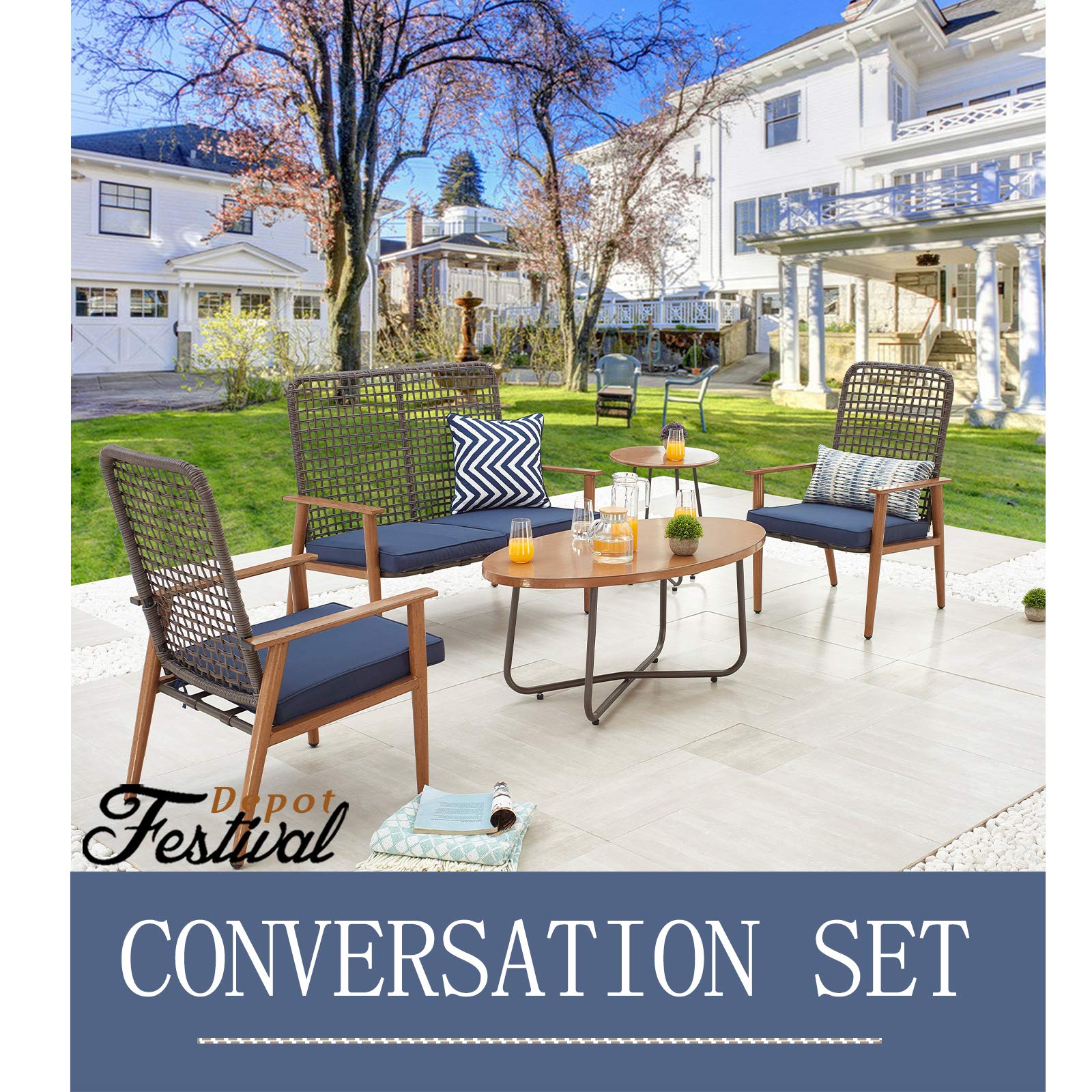 5-Piece Outdoor Patio Conversation Set with Metal Coffee Table & Wooden-Color Steel Armchairs - Loveseat with Cushions (Blue) - Perfect for Backyard, Garden, Poolside & Deck Relaxation