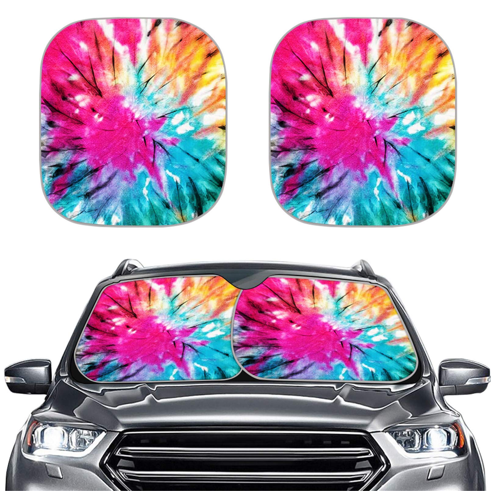 Suobstales 2-Pack Multicolor Waterproof Car Windshield Cover - All-Weather Tie Dye Sunshade Shelter with Polyester for UV Protection and Temperature Control