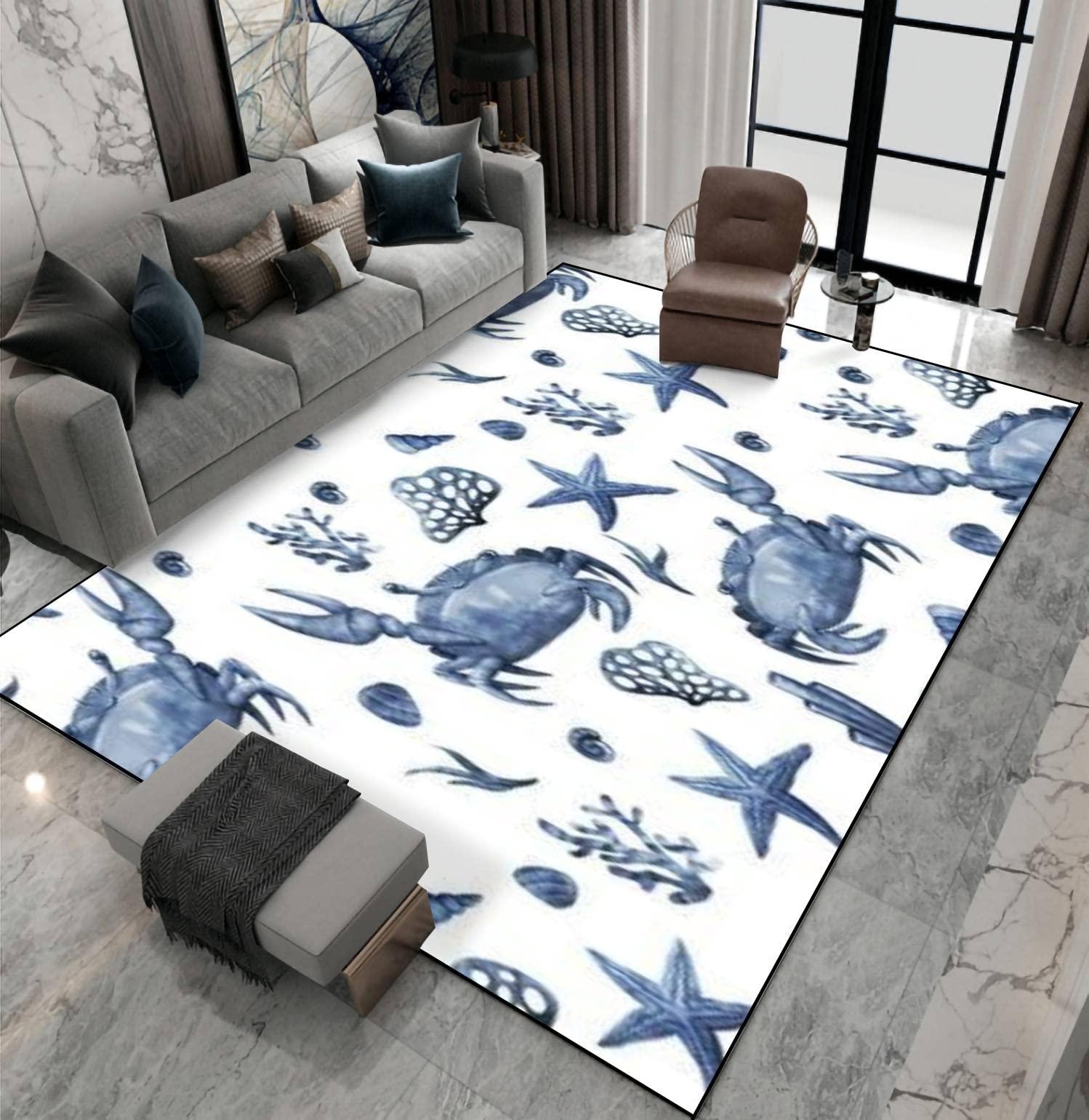 Non-Slip Watercolor Crab & Starfish Area Rug - Indoor/Outdoor Floor Mat for Living Room, Bedroom, Kids Room - Perfect as Home Decor, Doormat, Yoga Mat & Patio Mat - Machine Washable & Pet-Friendly