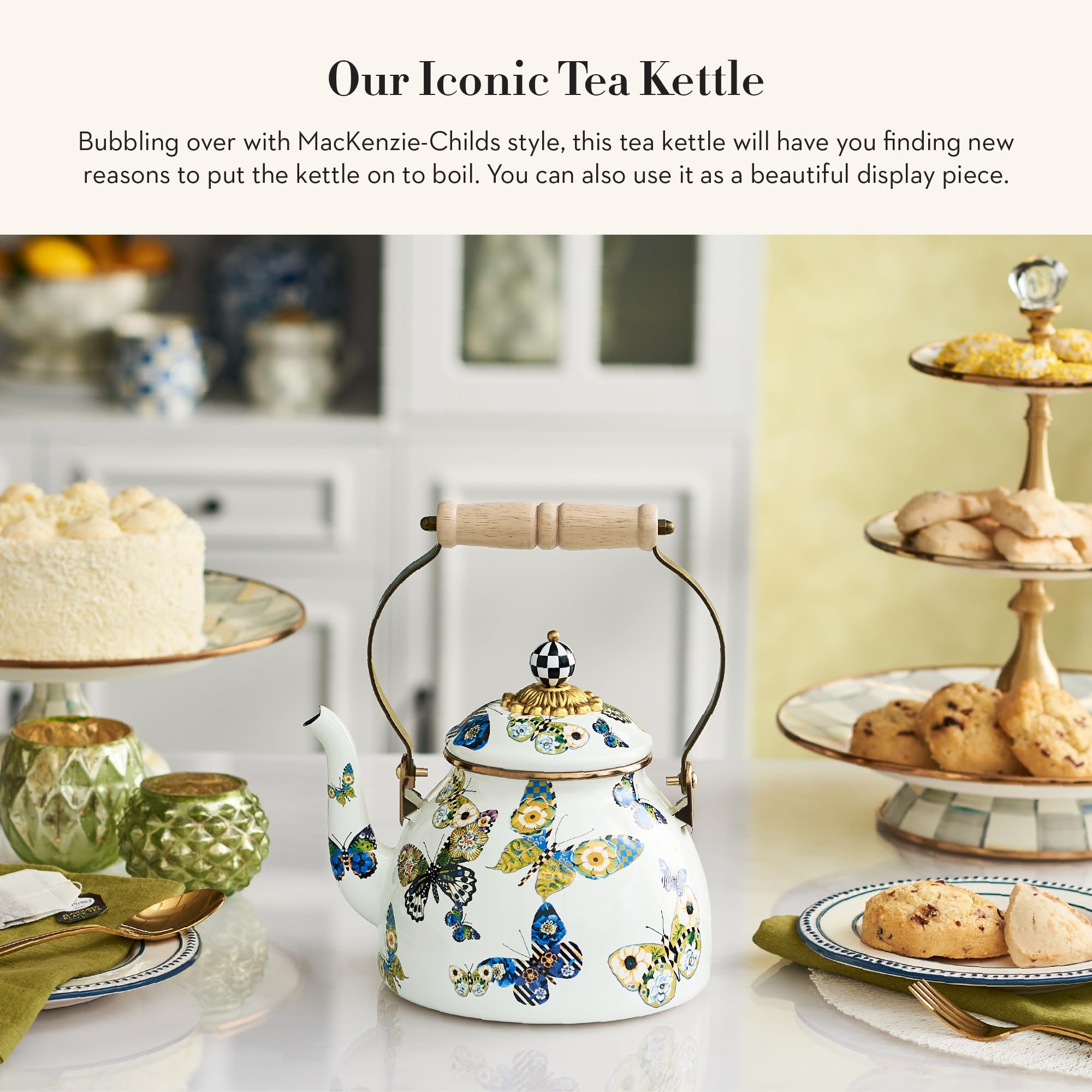 MACKENZIE-CHILDS 2-Quart Enamel Tea Kettle - Vintage Style Stovetop Kettle with Butterfly Design - Perfect for Home Kitchen, Afternoon Tea, and Gift Giving