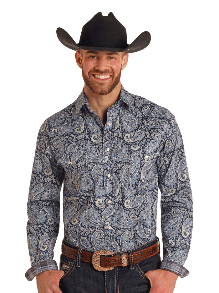 Men's Long Sleeve Paisley Snap Button Western Shirt - Navy Plaid Cowboy Shirt for Ranch Work, Rodeo & Country Style Fashion