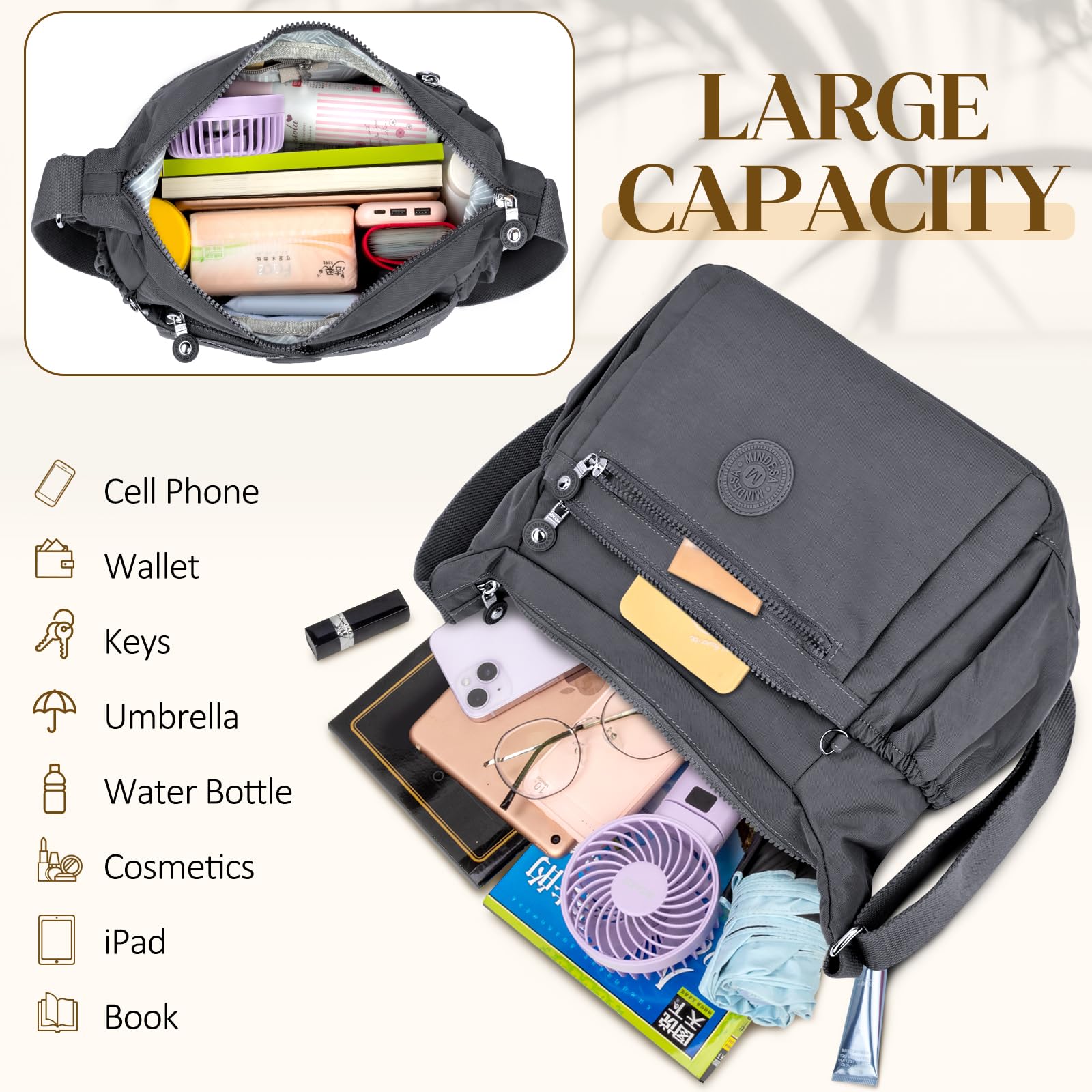 Waterproof Nylon Crossbody Bag for Women - Lightweight Travel Purse with Multi-Pockets for Daily Use & Outings