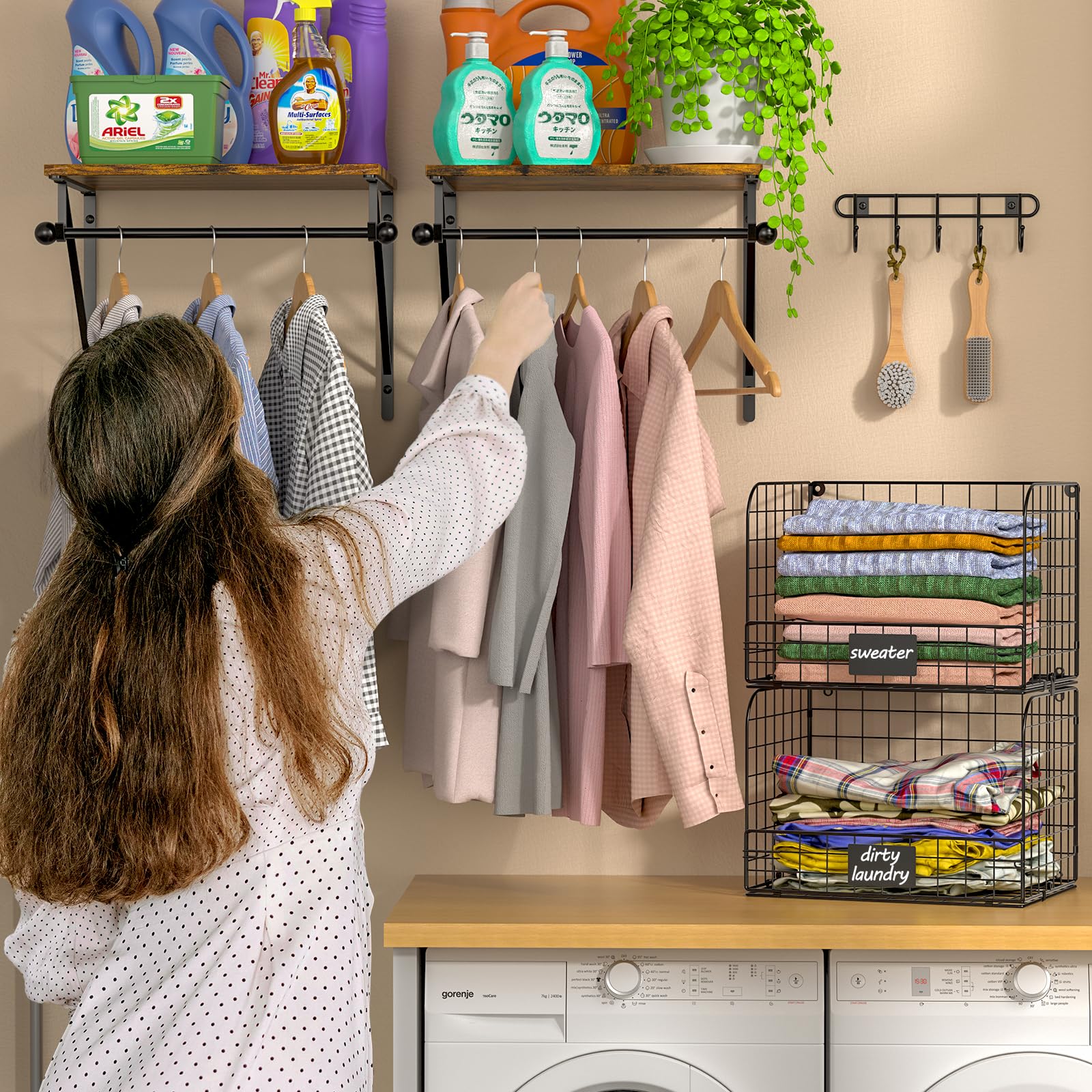 Wall Mounted Laundry Shelves with Wire Baskets - Wood & Metal Storage for Washer Dryer Area