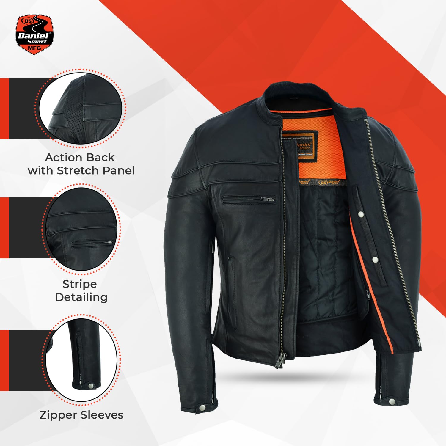 Daniel Smart Men's Leather Motorcycle Jacket - Sporty Biker Jacket with Stripe Detailing & Concealed Armory Pockets | Perfect for Riding, Casual Wear & Outdoor Adventures