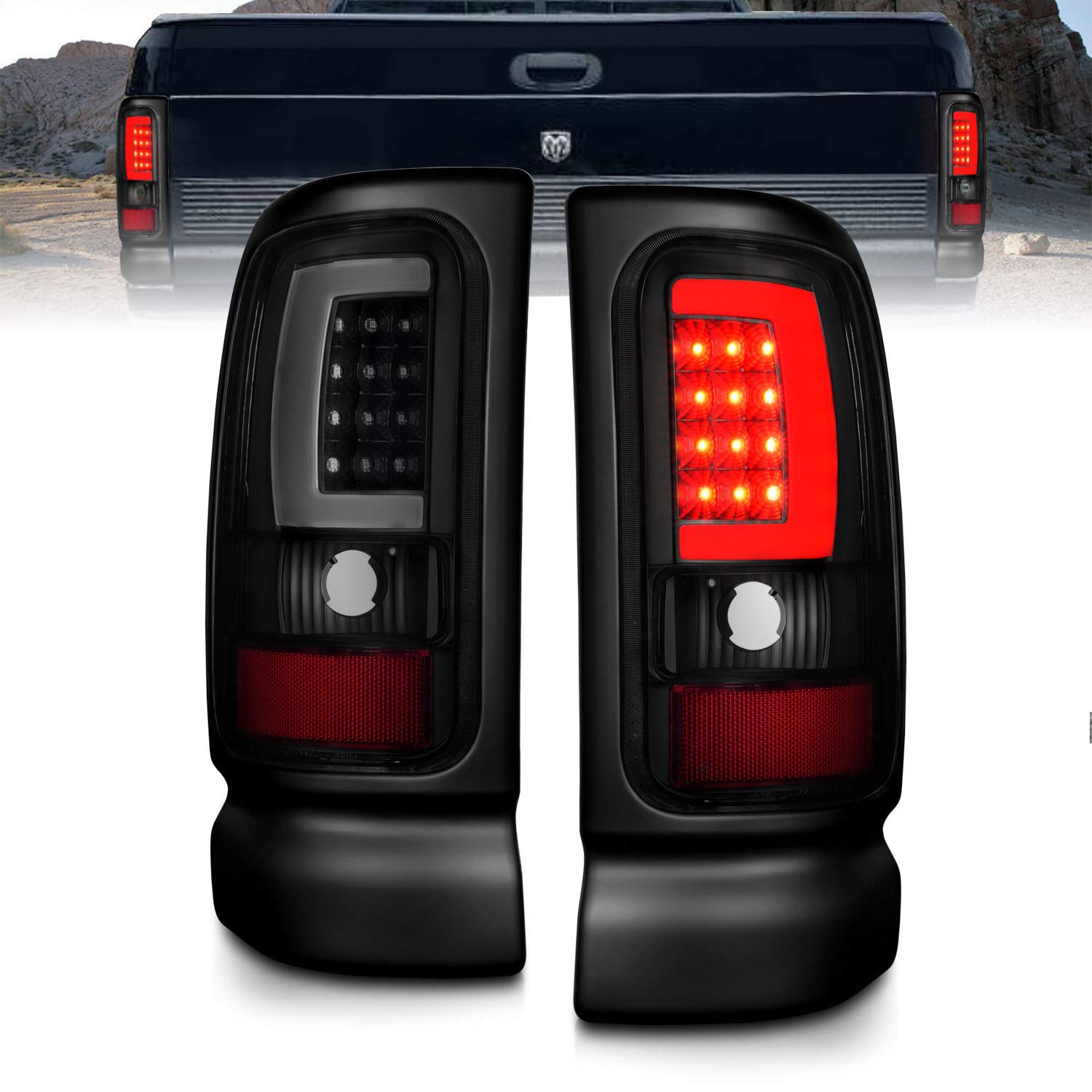 1994-2001 Dodge Ram 1500/2500/3500 Truck Black Smoke C-Bar LED Tail Lights - Pair (Left & Right) - High Visibility Replacement for Improved Safety - Perfect for Night Driving & Off-Road Adventures