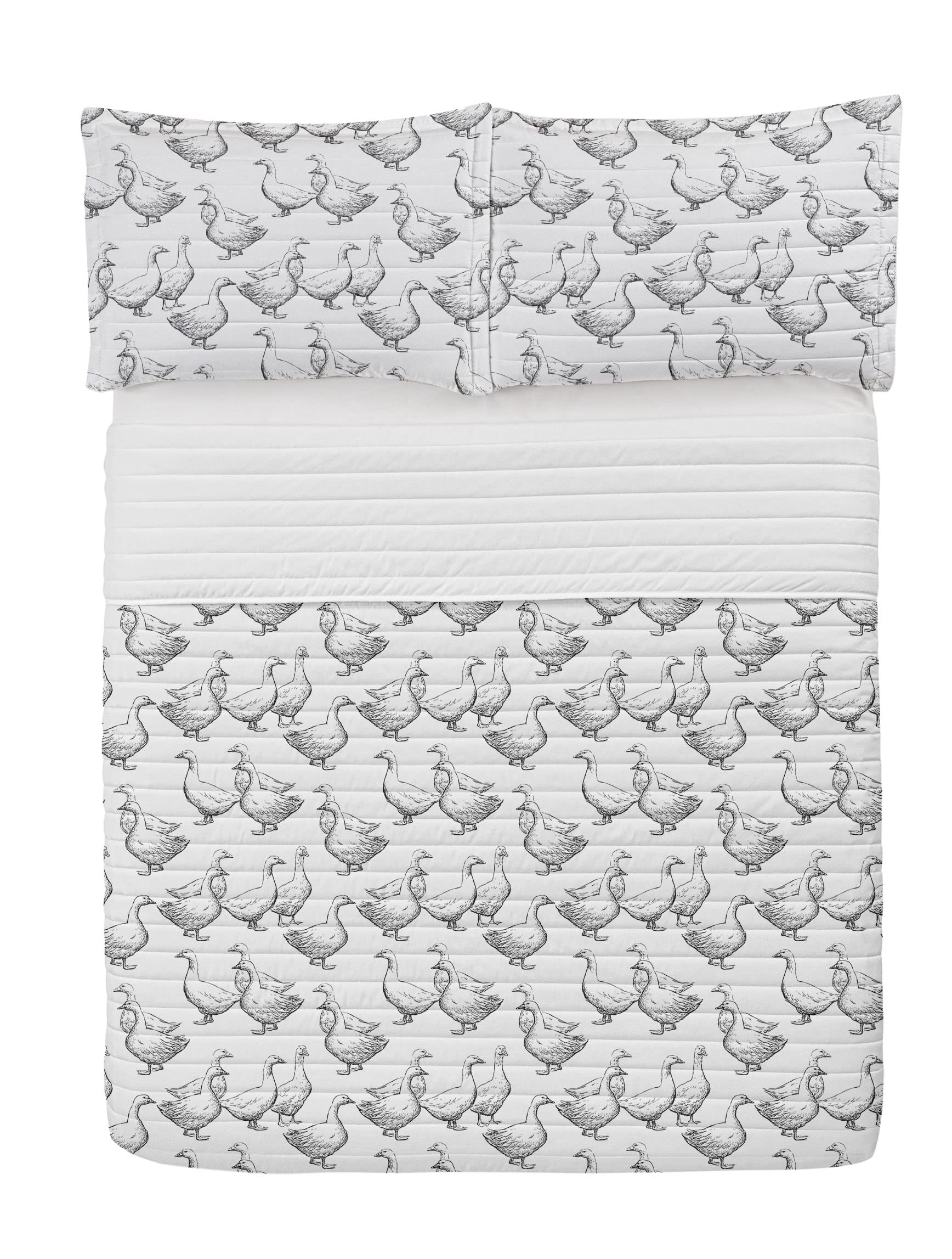 Ambesonne Goose Microfiber Bedspread Set - Monochrome Hand-Drawn Bird Design on Plain Background | Soft Queen Size Bedding with Pillow Shams & Comforter in Charcoal Grey & White | Perfect for Modern Bedrooms, Guest Rooms & Cozy Home Decor