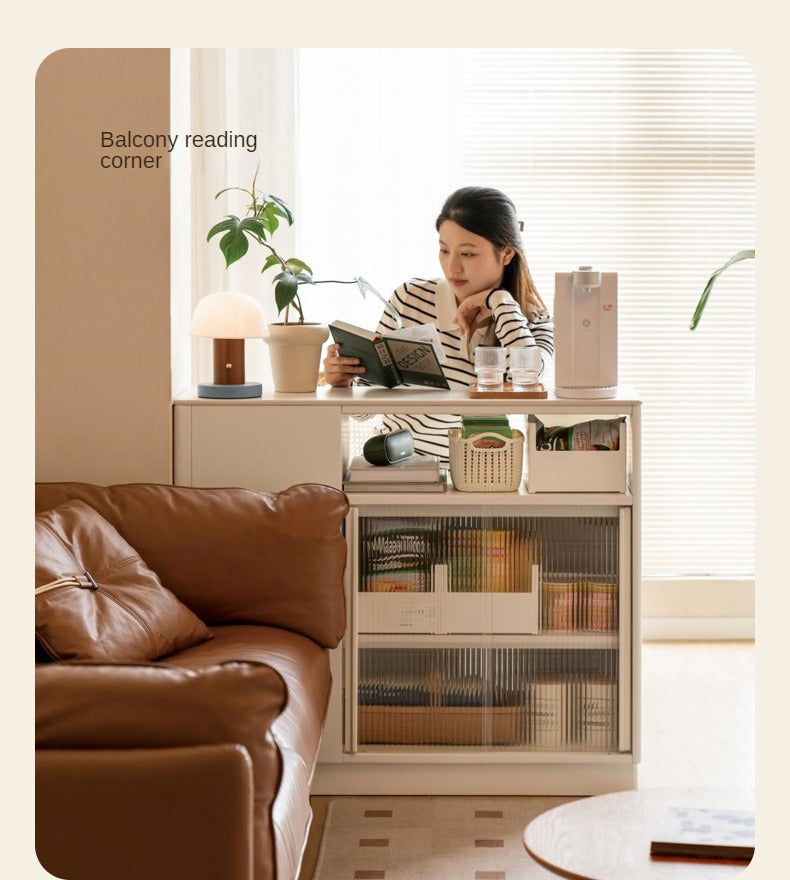 Solid Poplar Wood Dining Room Cabinet with Partition - White Cream Rock Board for Kitchen Storage & Home Organization