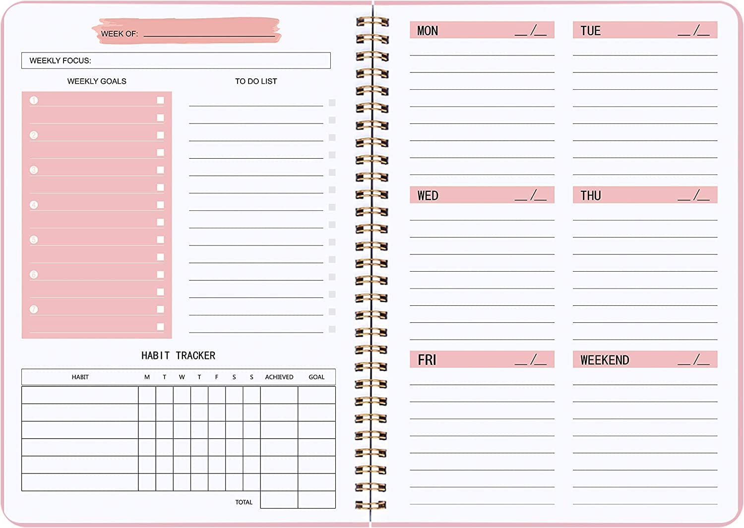 Moseem Weekly Planner Notebook - Undated A5 Daily Planner with Habit Tracker & To-Do List, 52 Weeks Goal Planner for College Students, Work & ADHD Organization (Pink) | Perfect for Productivity, Time Management & Stress Relief