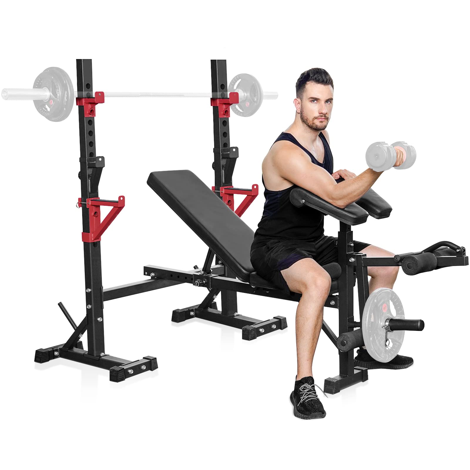 Bongkim Adjustable Weight Bench with Squat Rack - Multi-Purpose Foldable Bench Press & Barbell Stand, Supports 660Lbs - Perfect for Home Gym Strength Training & Full-Body Workouts