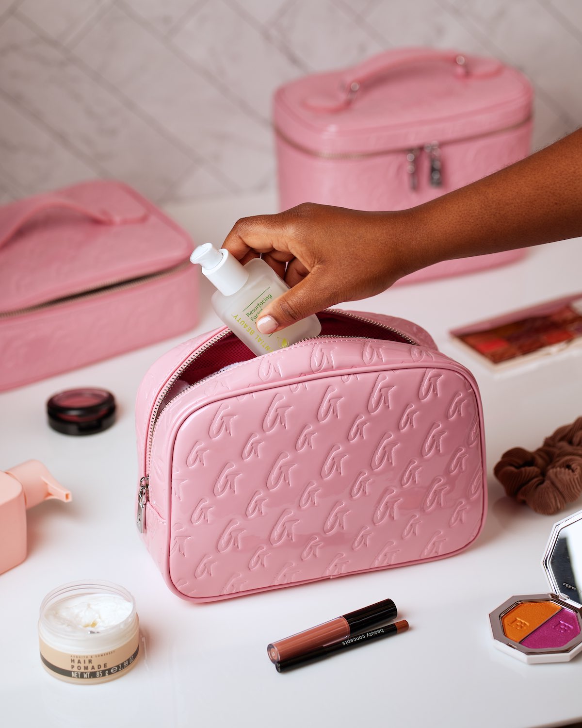 Small Monogram Toiletry Bag with Mirror - Pink | Travel Cosmetic Organizer for Women & Girls | Perfect for Gym, Vacation & Makeup Storage