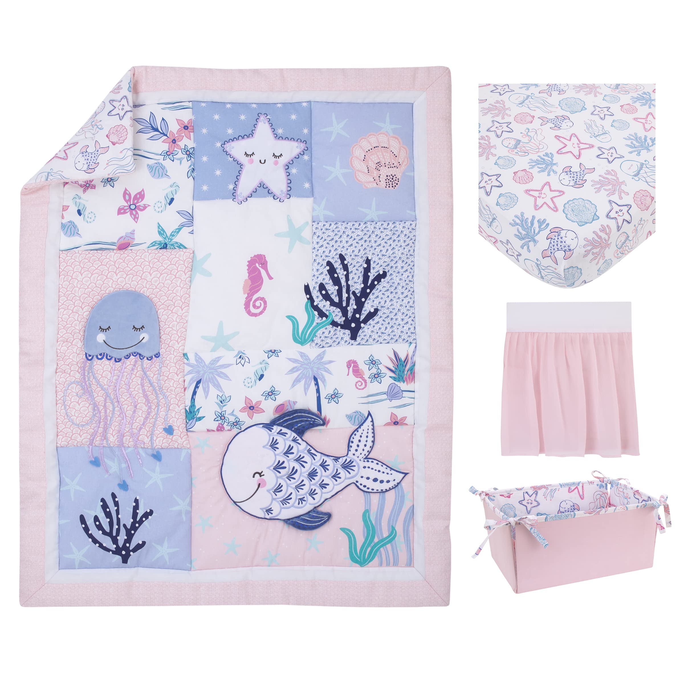 NoJo Mermaid Lagoon 4-Piece Nursery Crib Bedding Set - Pink Blue White Ocean Theme Baby Crib Set with Comforter, Fitted Sheet, Skirt & Storage Caddy | Perfect for Girls' Underwater Themed Nursery Decor & Baby Shower Gifts